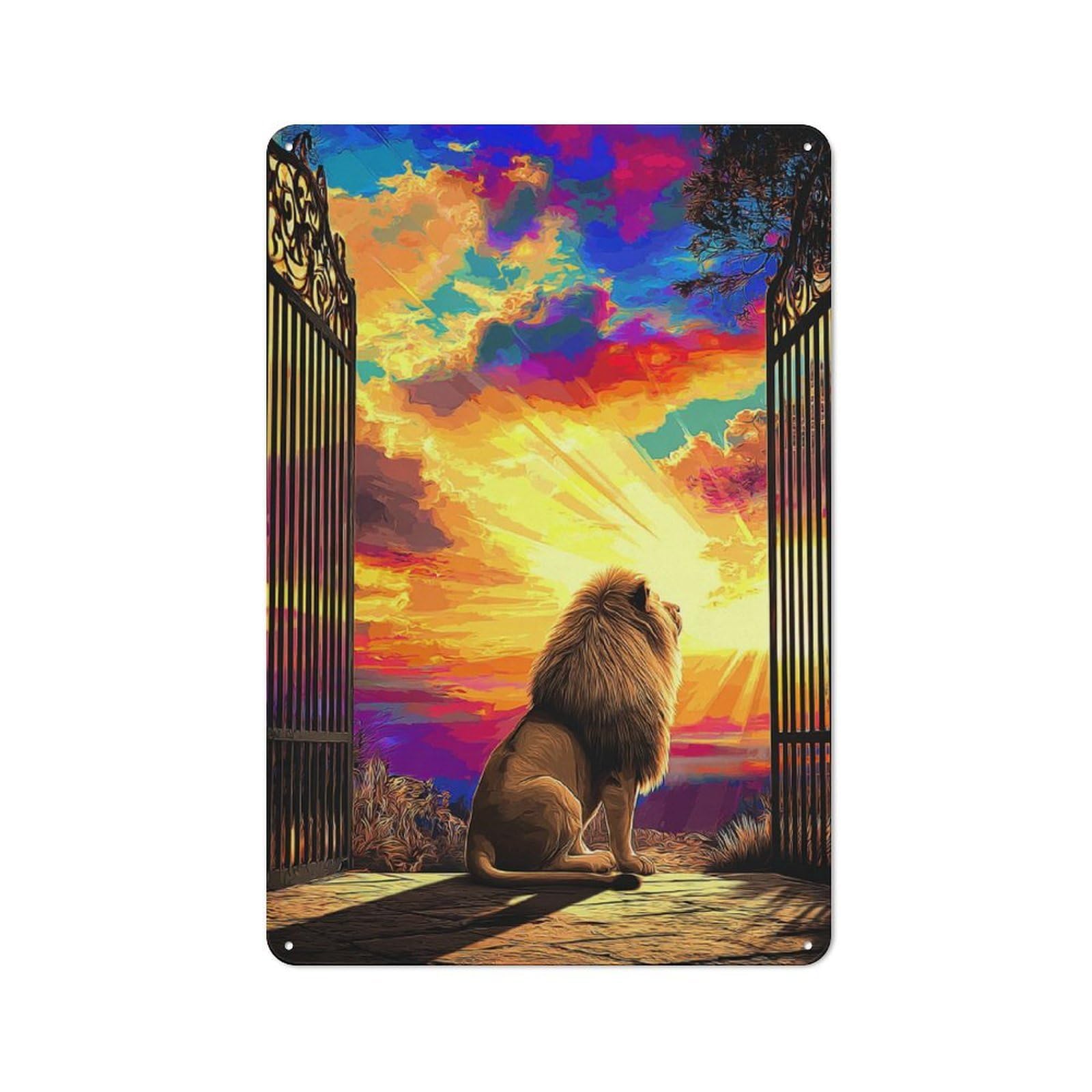 Junmoney Lion At Sunset Gate Tin Wall Plaque With Design 30X20cm, Farmhouse Rustic Kitchen Decor For Dining Room, Cafe, Entryway Or Family Room