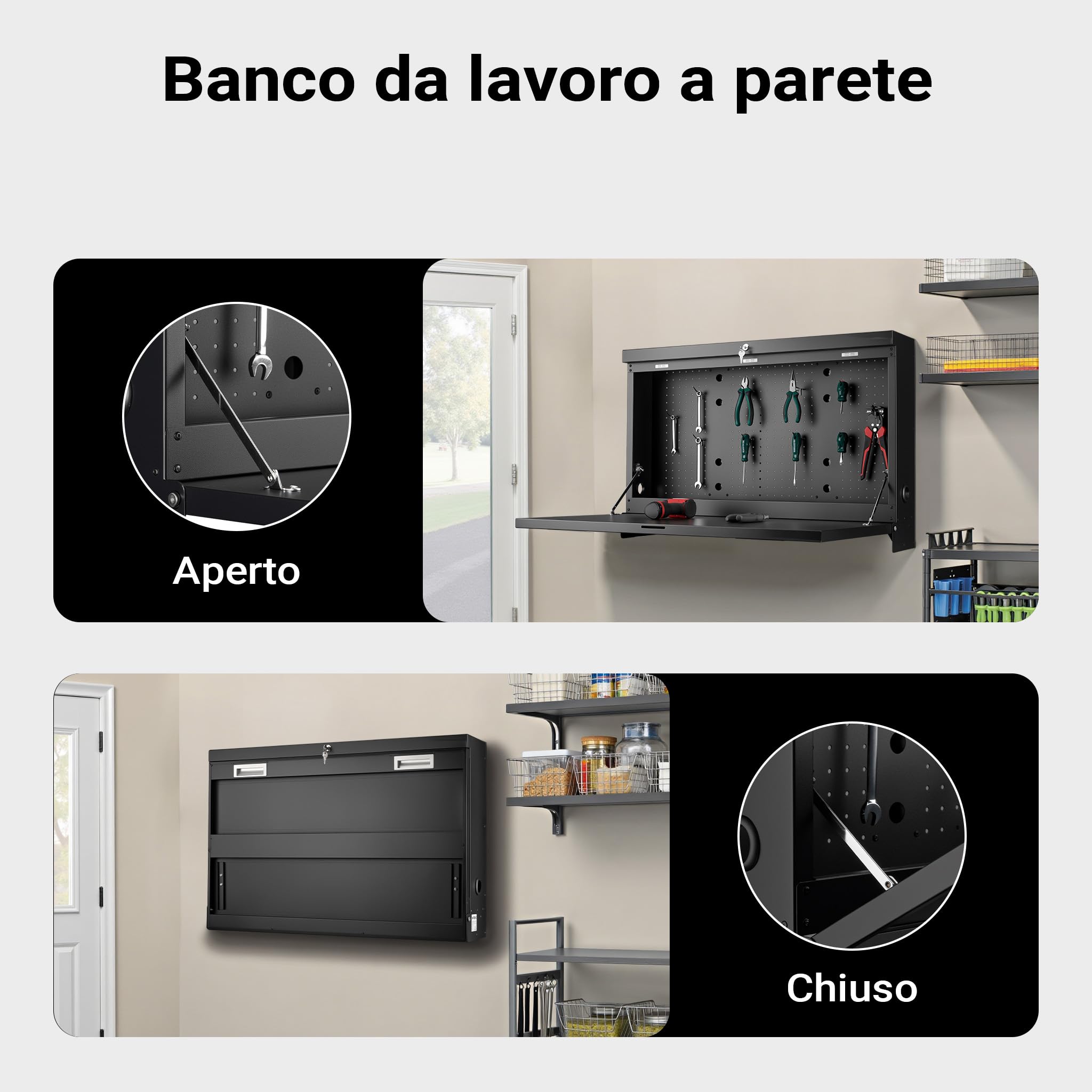 Wiltec Banco da lavoro pieghevole a parete, portata fino a 50 kg, tavolo richiudibile con pannello porta attrezzi forato, in acciaio, 91,2 x 69 x 61 cm, con 2 chiavi, ideale per officine e garage