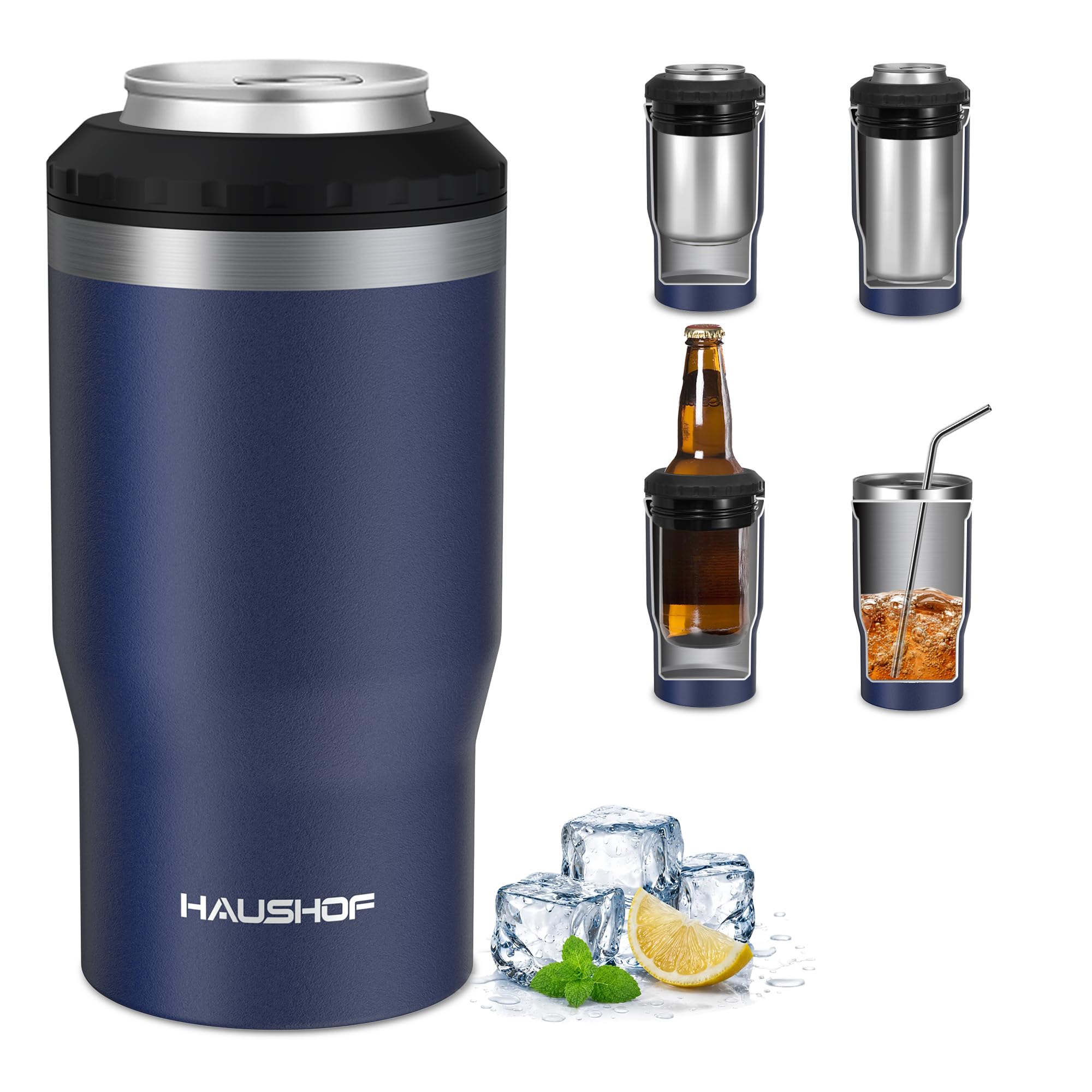 HAUSHOF 12 oz Can Cooler, 4 in 1 Insulated Stainless Steel Can Insulator, Fits for 12 oz Standard Can|12 oz Slim Can|12 oz Beer Bottle, Perfect for Camping, Beach, Picnic