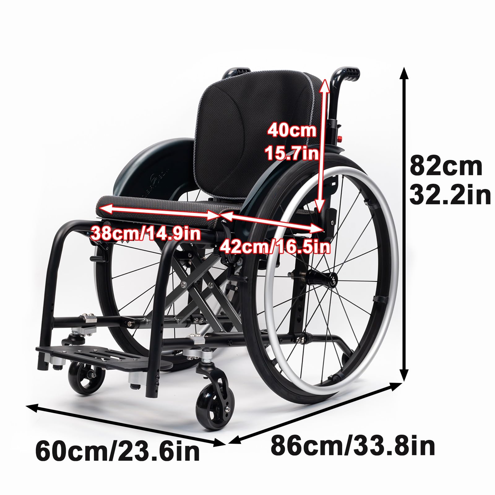 Wózek inwalidzki ze stopu aluminium, lekki, z ręcznym napędem, wyposażony w opony terenowe, zdejmowany podnóżek (szerokość siedziska: 38 cm)