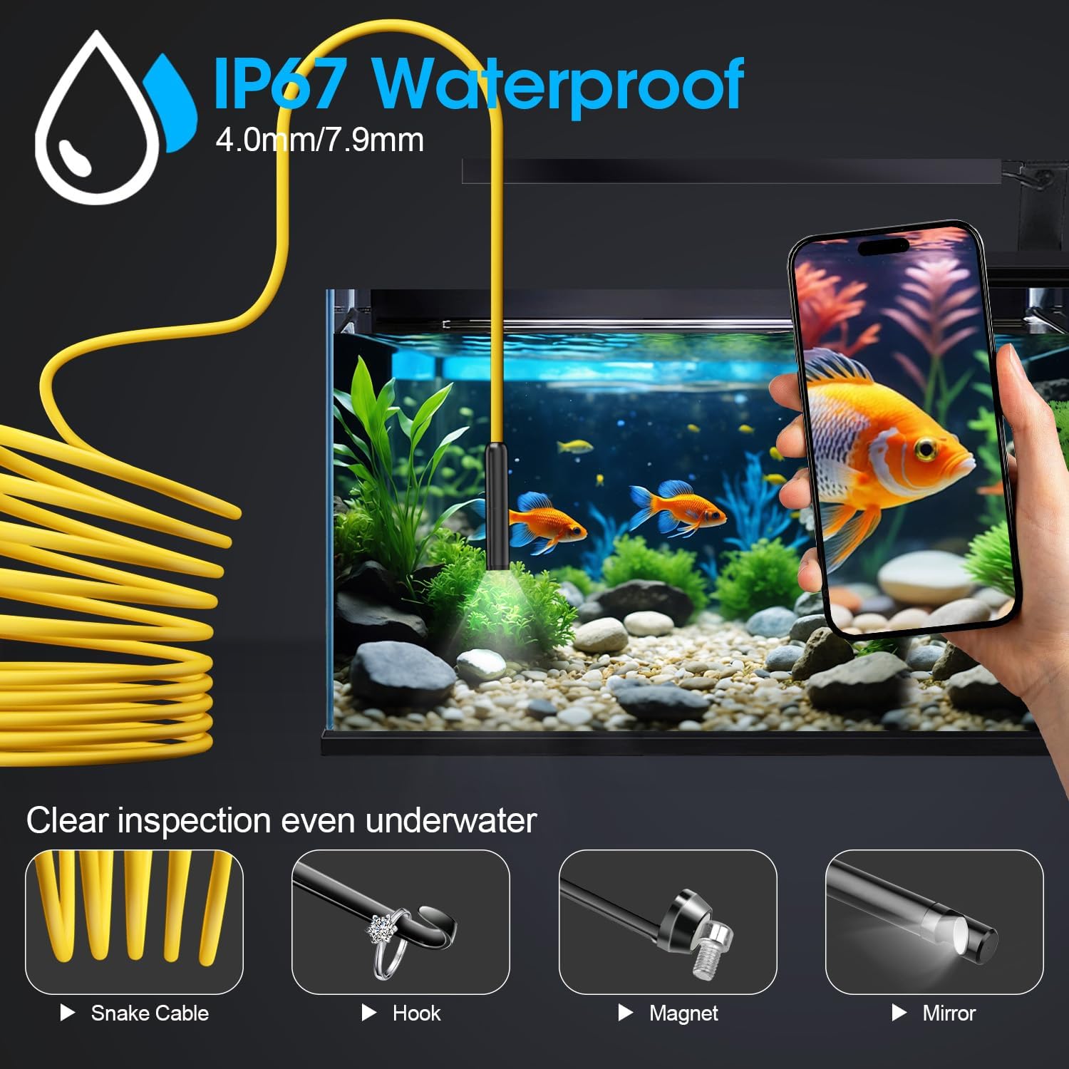 Endoscope with Light, 1920P HD Borescope with 8 Adjustable LED Lights, 16.4FT Semi-Rigid Snake Camera, IP67 Waterproof Inspection Tool for iPhone & Android - Single Lens(Yellow)