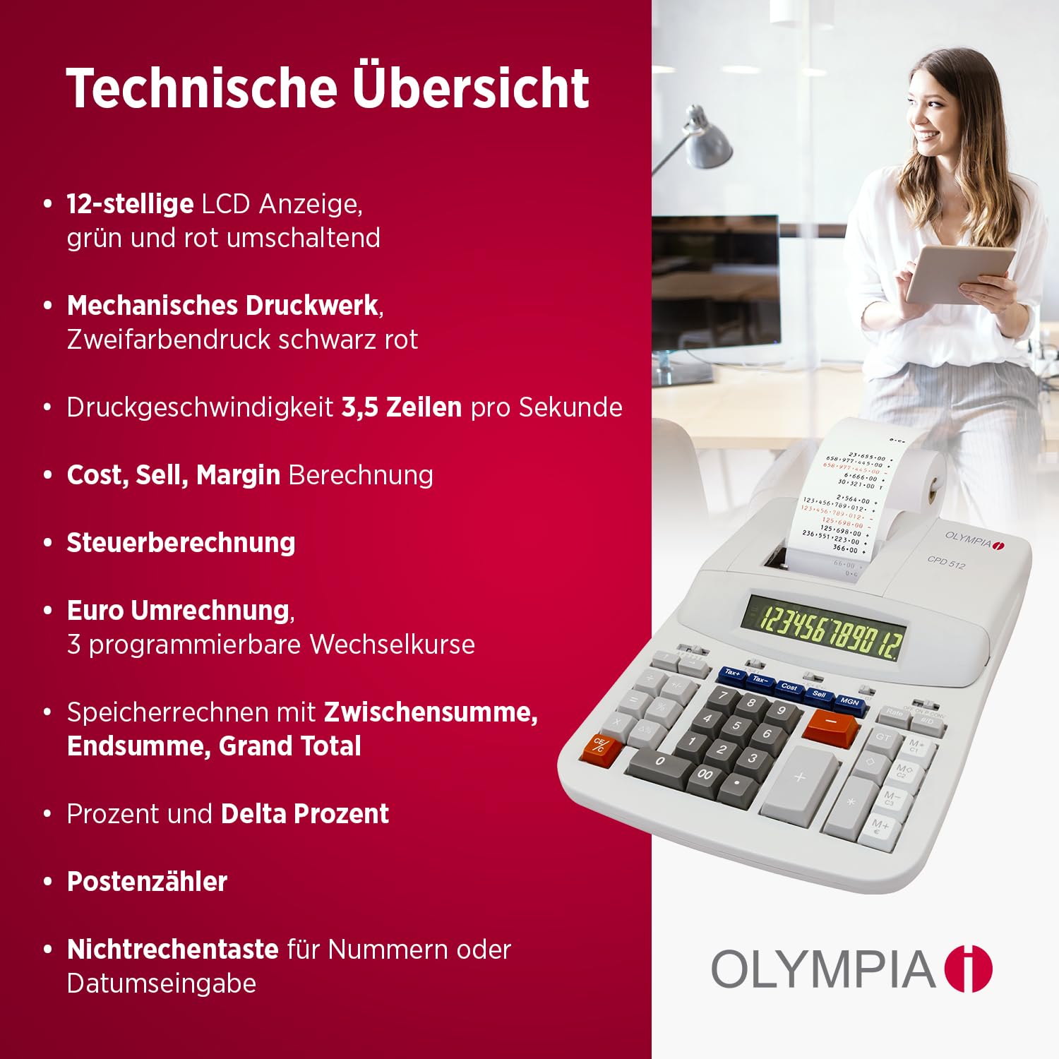 Olympia CPD 512 Calculadora impresora de sobremesa, con pantalla LCD verde/rojo, 12 caracteres, 210 x 295 x 67 mm