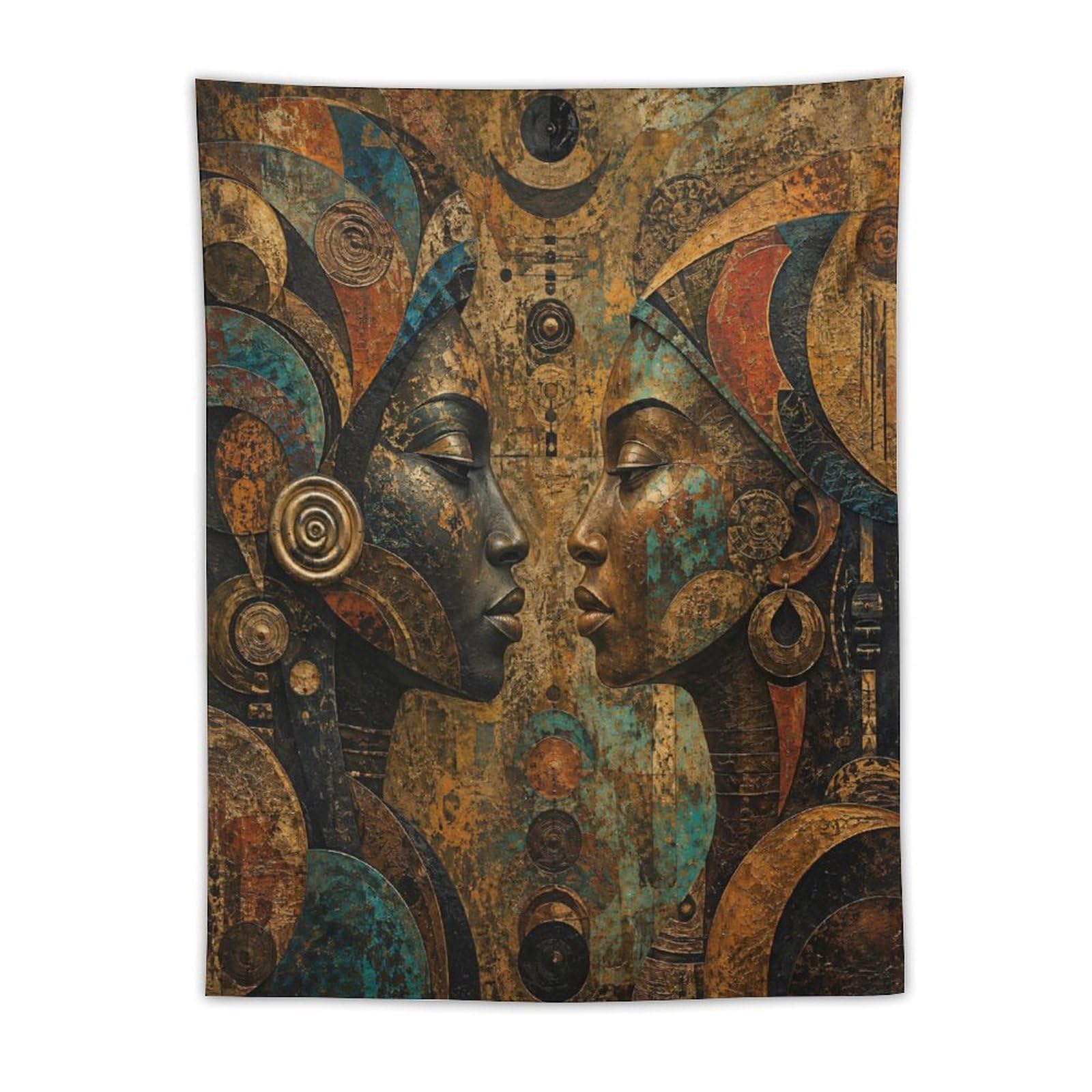 W7C8U2X3 Abstract African Faces Wall Tapestry, Earth Tone Geometry