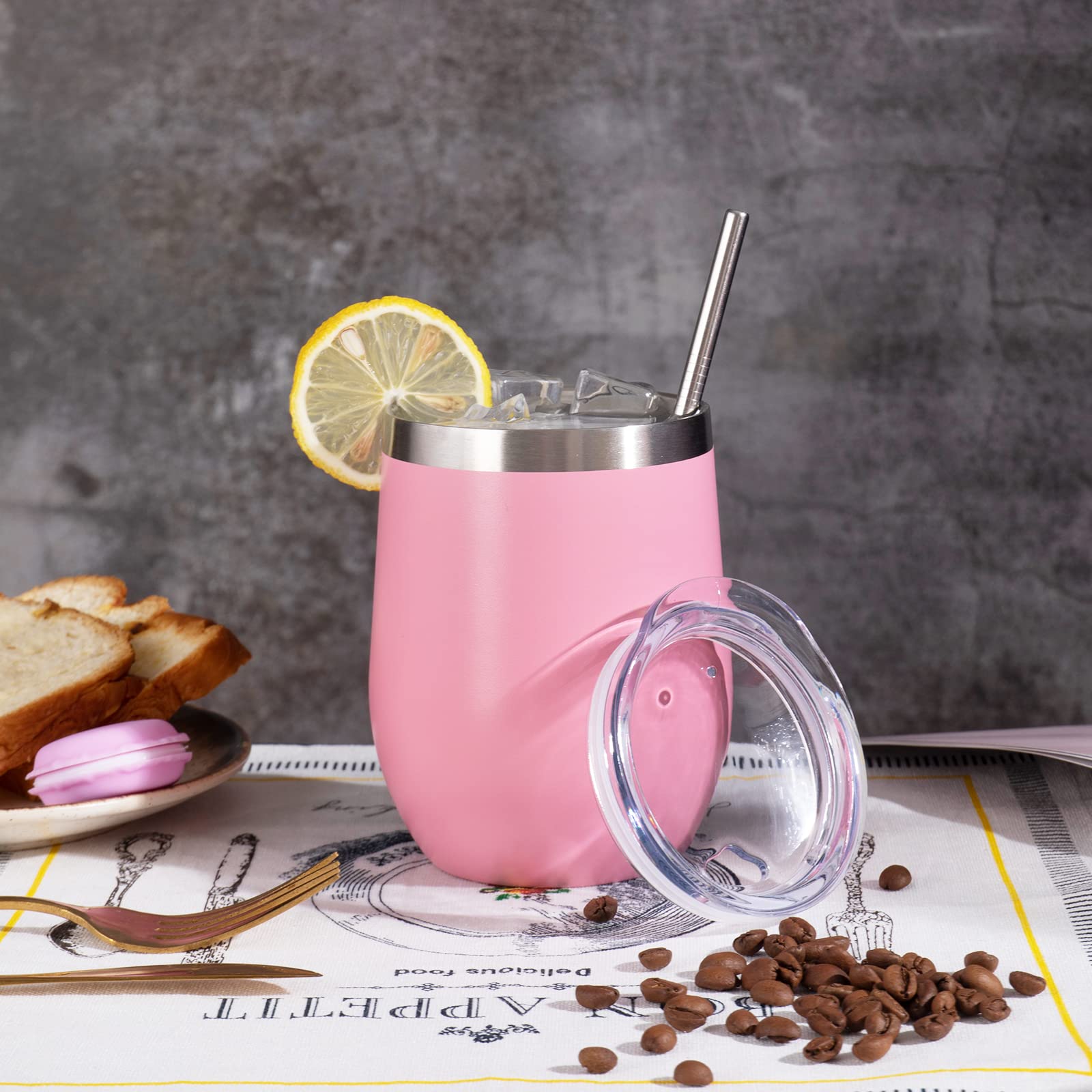 Isolierter Weinbecher mit Deckel und Strohhalm, Edelstahl, ohne Stiel, doppelwandig, Vakuum-Weinbecher, Becher für Kaffee, Champaigns, Bier, Cocktail, Büro, 340 ml, Rosa, 8 Stück