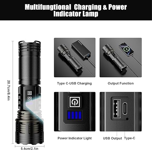Miniatura 4 de SKYFIRE Linternas LED recargables de alto lúmenes con lámpara ambiental, 8000 linternas tácticas superbrillantes con 2 colores, focalizable, luz de