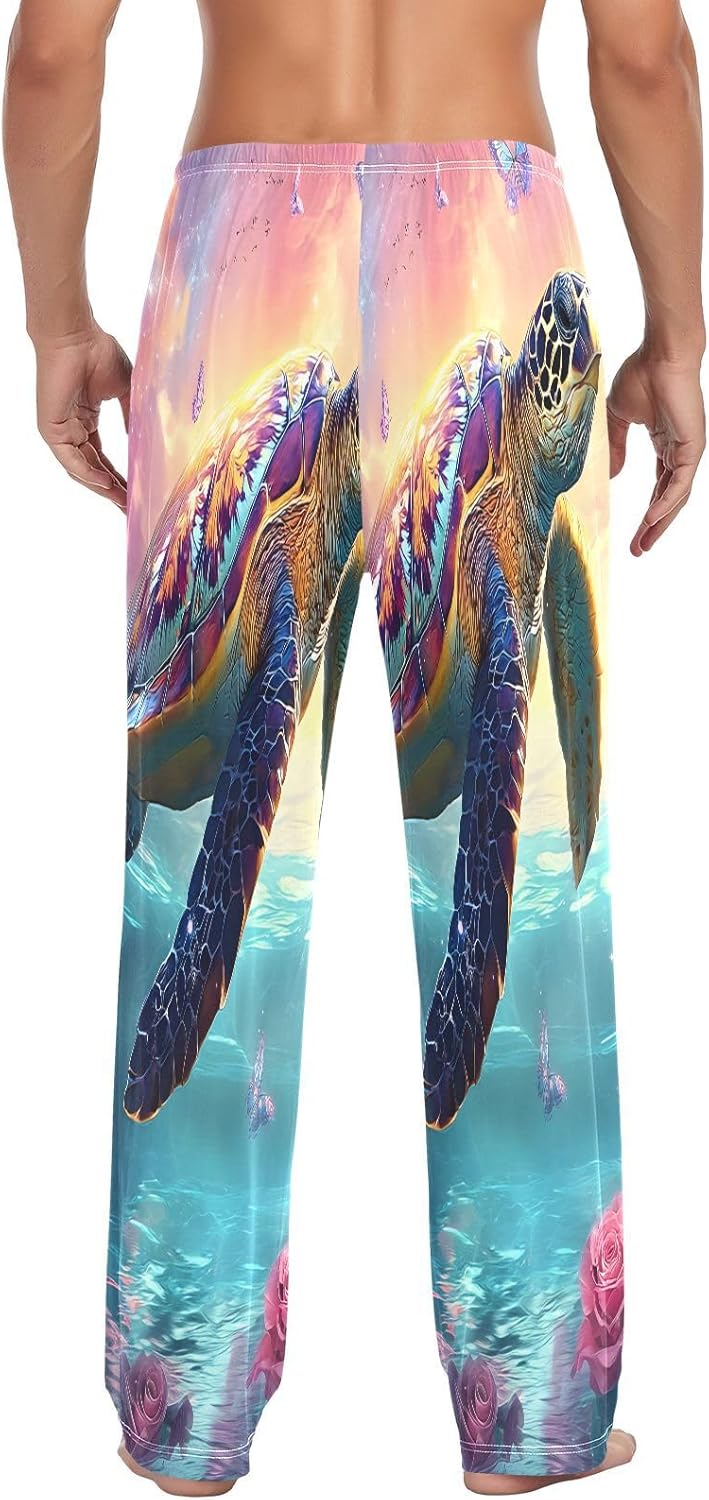 ALAZA Sea Turtle Butterflies Roses Men's Pajama Pants Men Cotton Pajama Bottoms with Pockets, S