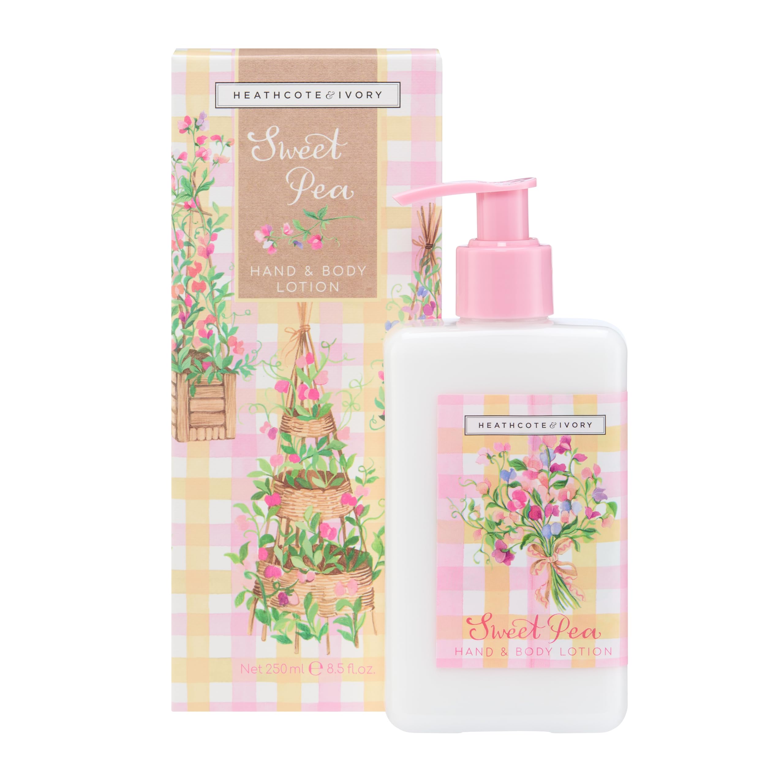 Heathcote & Ivory Hand and Body Lotion 250ml, Moisturiser, Sweet Pea Scent, Shea Butter, Moisture Retaining Glycerin, Travel Size, Vegan and Cruelty Friendly, Beauty Gift For Her