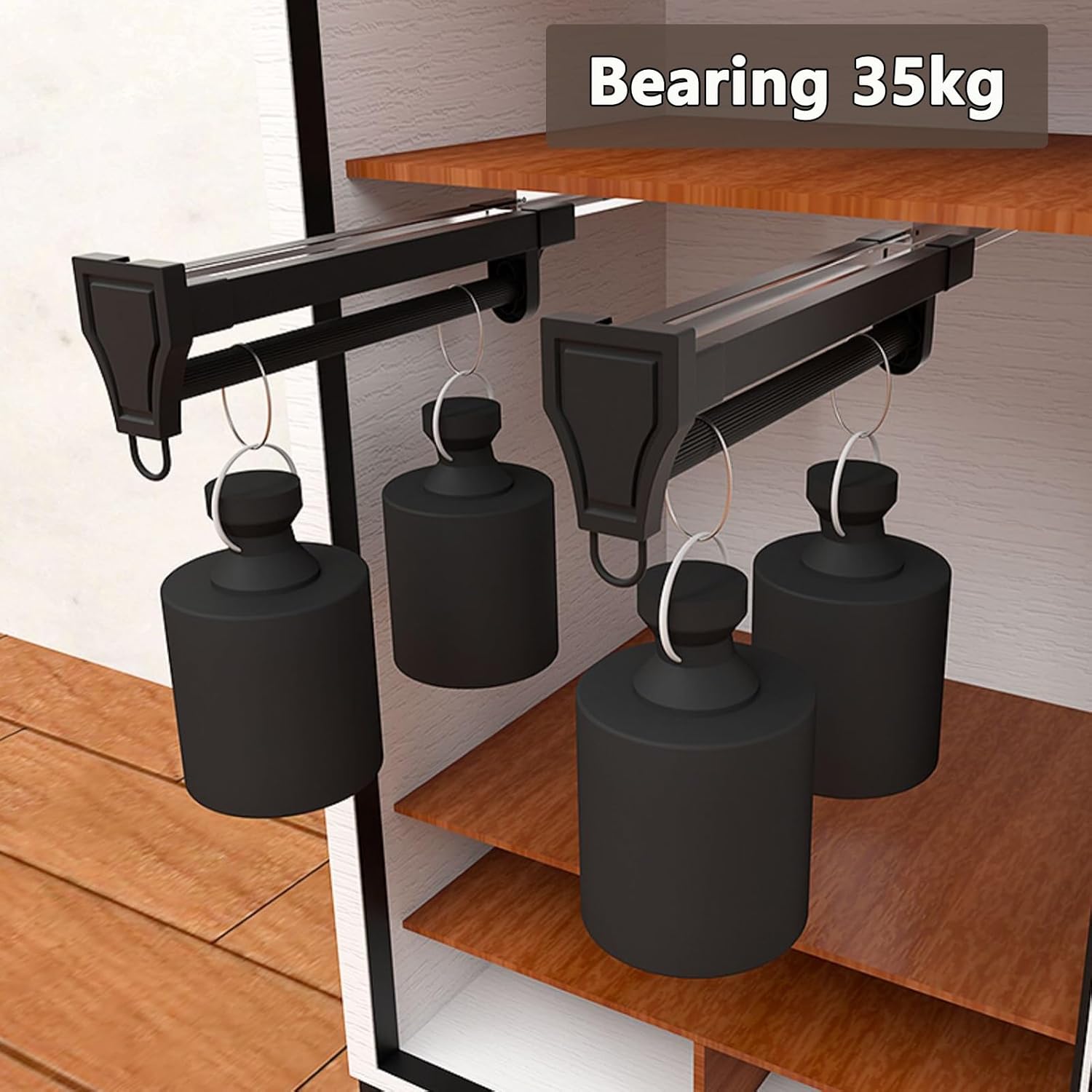 Adjustable Closet Rod, Extendable Clothes Hanger with Double Slide Rails, Silent Damping, Bearing 35kg, Top Mount Wardrobe Hanger Rack(Black,41.5cm/16.3in)