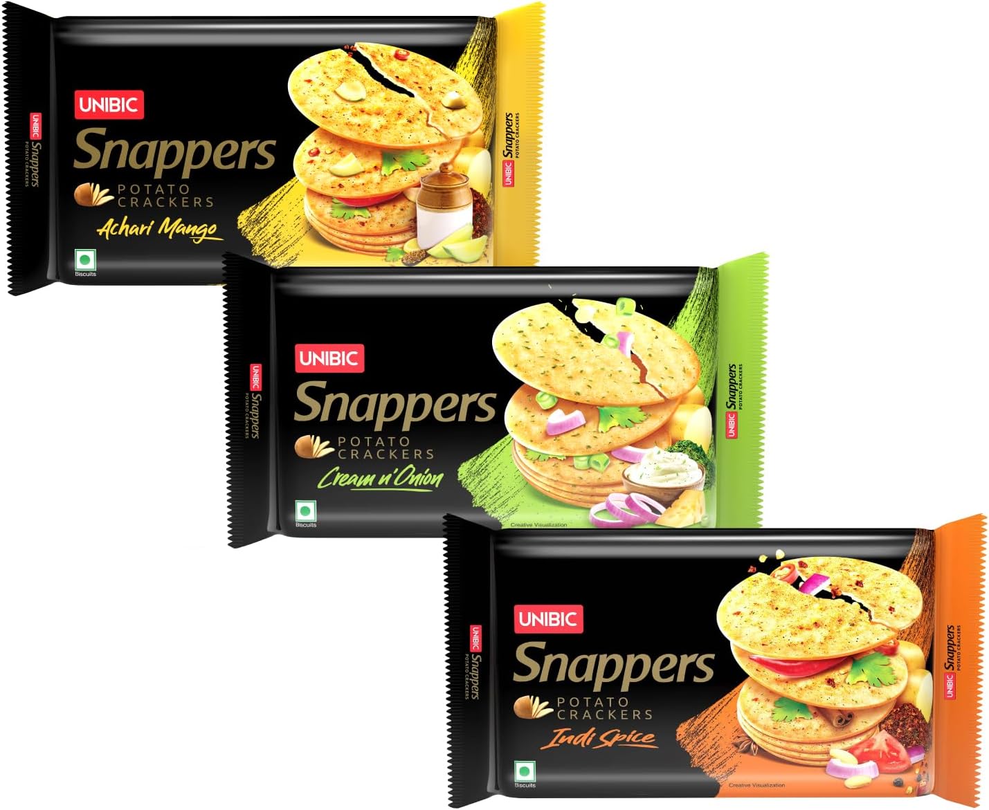 UNIBIC Snappers, Assorted Pack | Potato Crackers | Cream n Onion, Indi Spice, Achari Mango | (Pack of 3), 900g | Potato Biscuits
