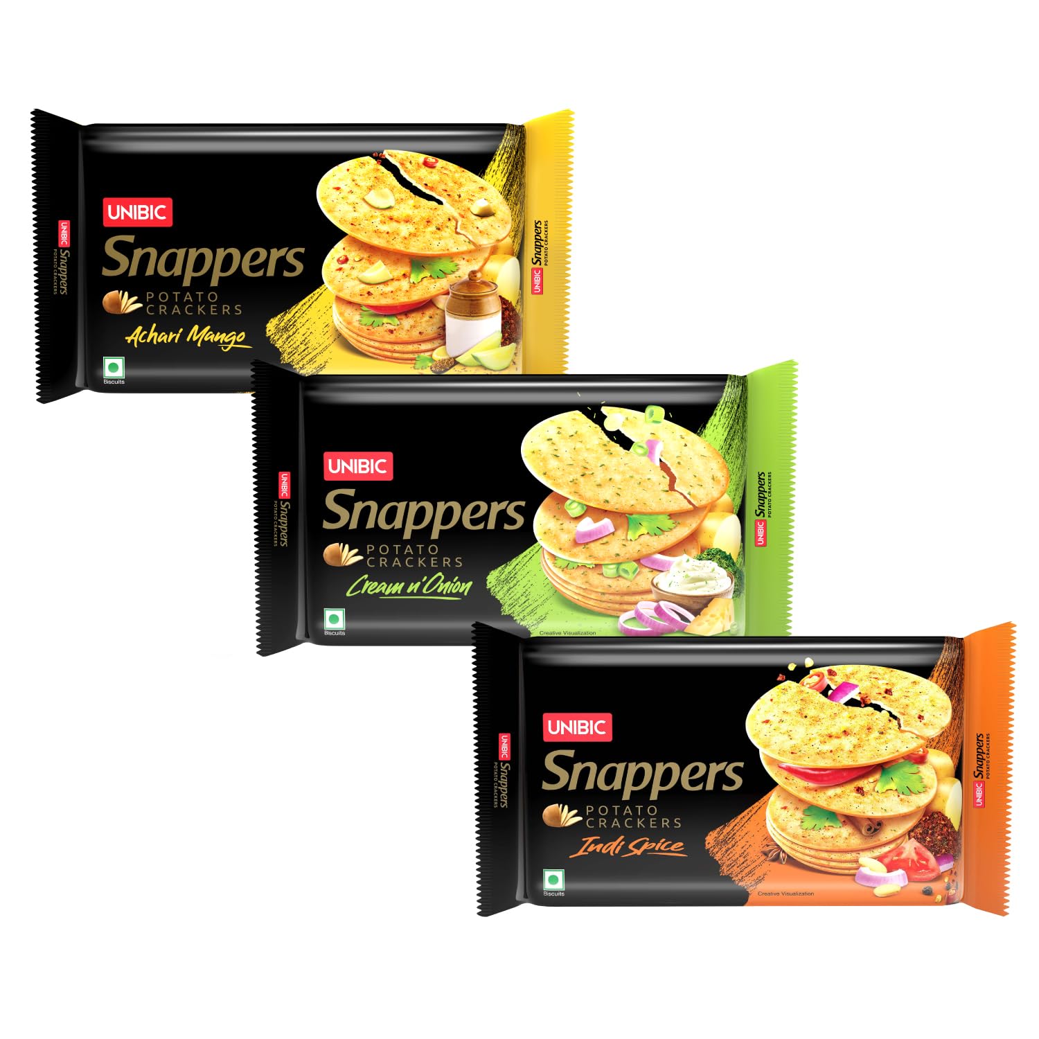 UNIBIC Snappers, Assorted Pack | Potato Crackers | Cream n Onion, Indi Spice, Achari Mango | (Pack of 3), 900g | Potato Biscuits