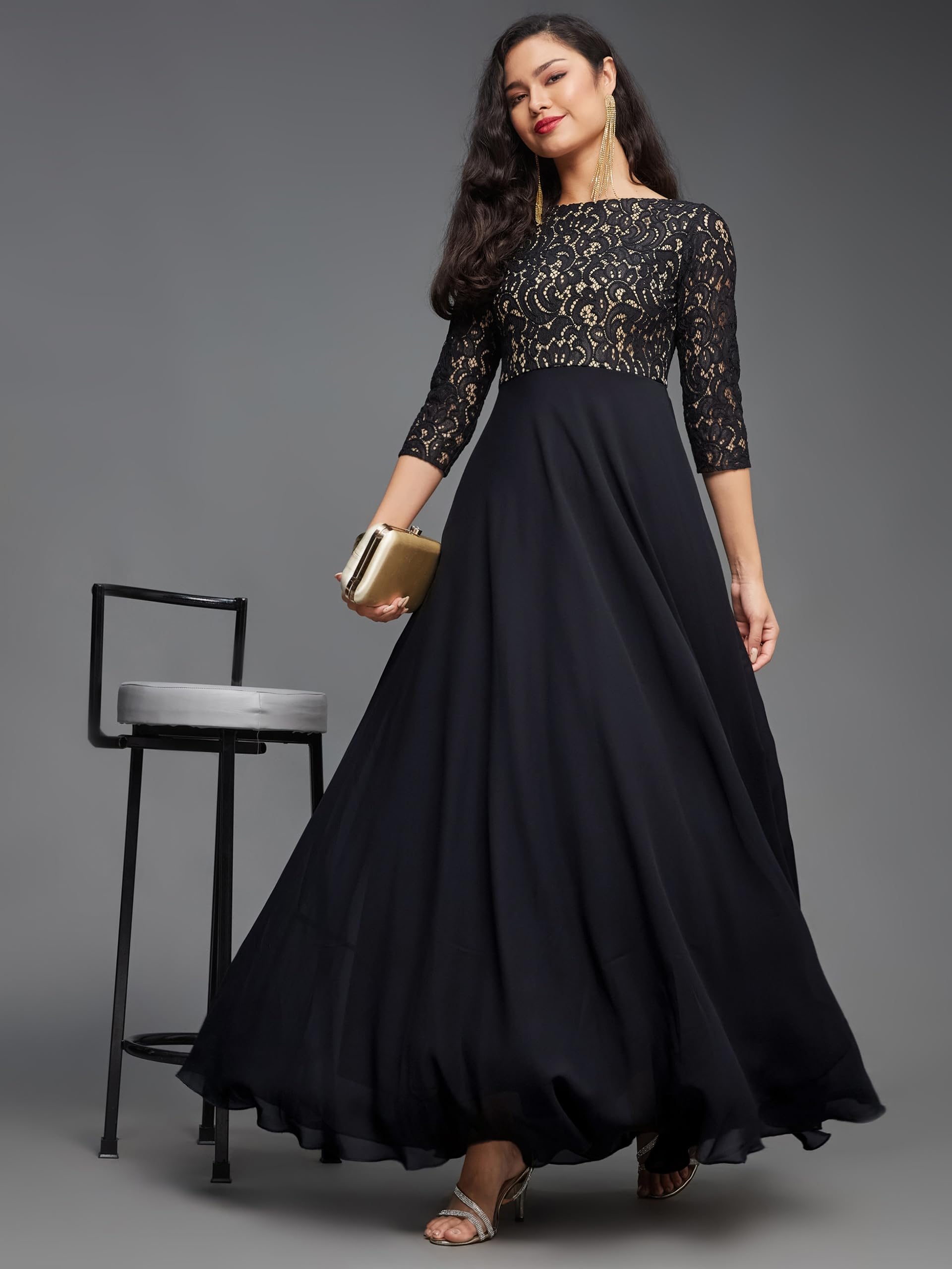 Miss Chase Women's Self Design Boat Neck 3/4 Sleeves Side Pocketed Georgette Fit And Flare Maxi Length Dress (Mcss23D16-39-62-06, Black, Xl)