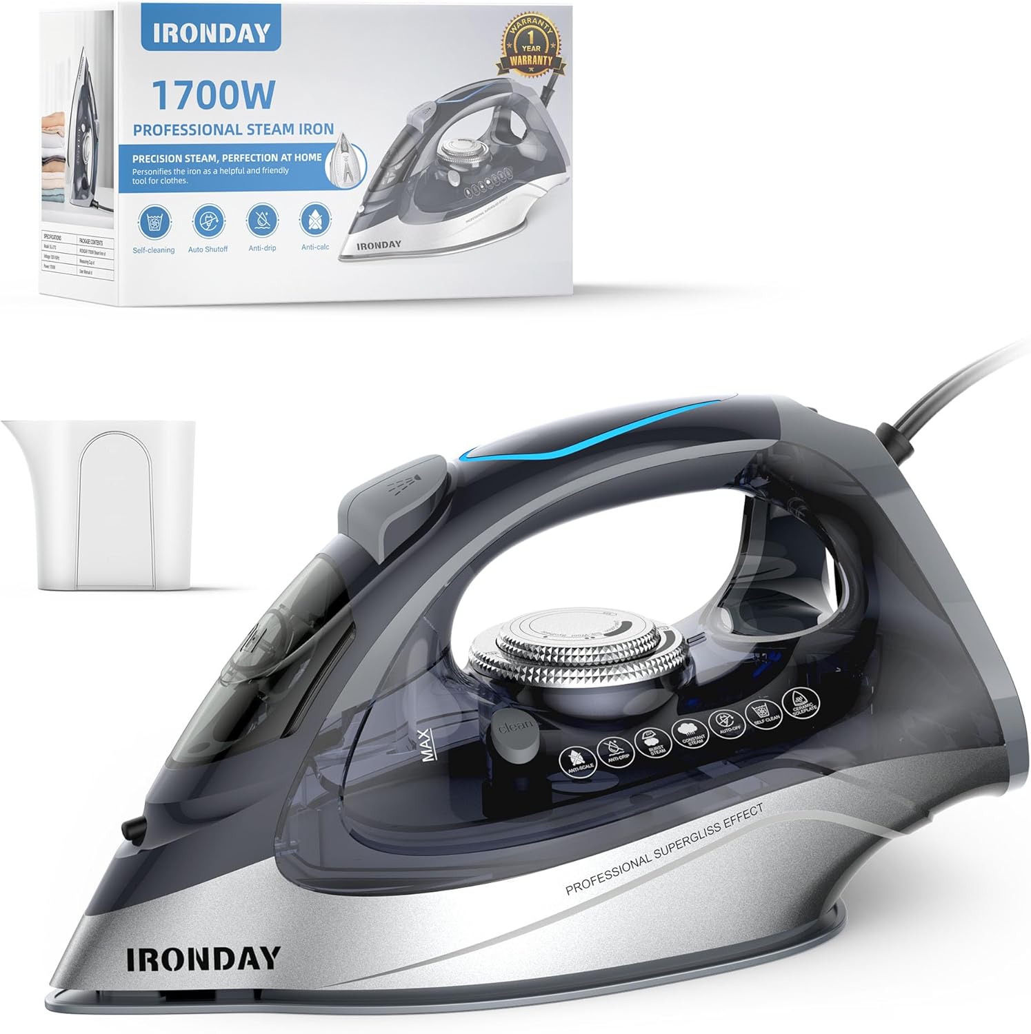 1700W Steam Iron for Clothes 20s Fast Heat-up, Iron with 10.14oz Water Tank, Non-Stick Ceramic Soleplate, Auto-Off, Spray Mist & Steam Burst, Ironing Clothes for Home