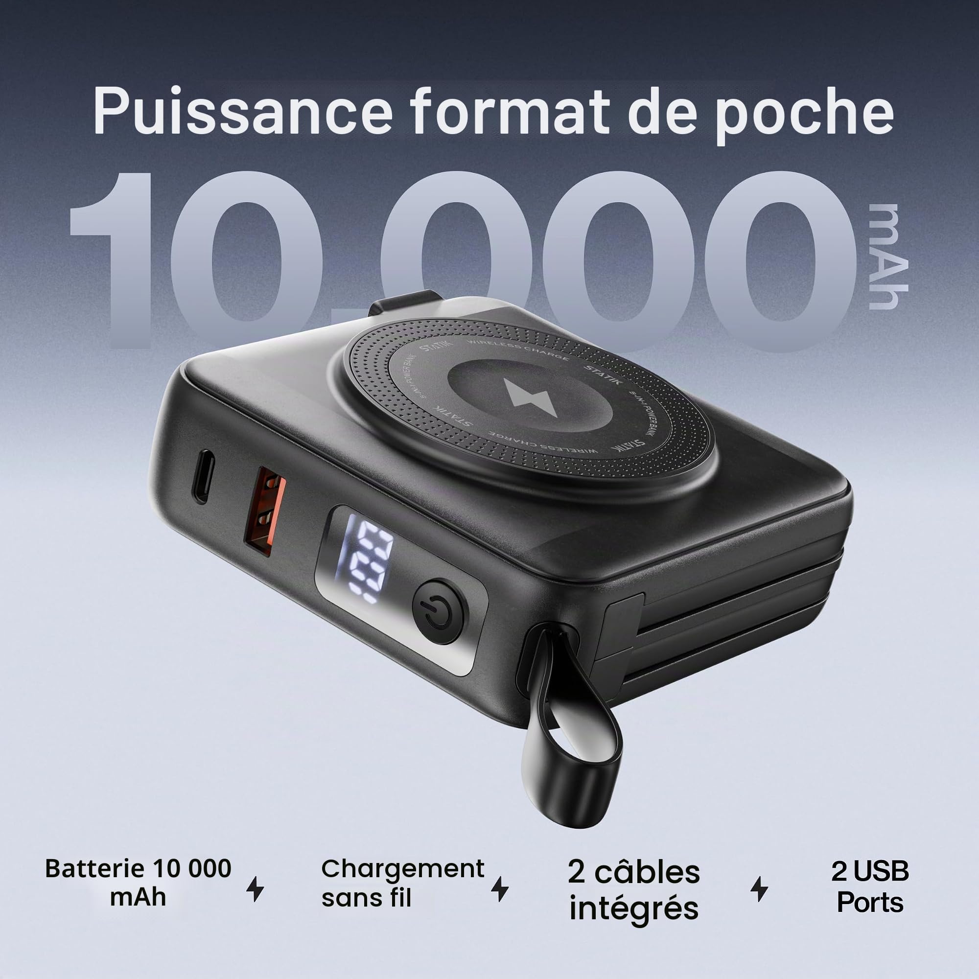 STATIK SmartCharge Batterie externe de voyage 5 en 1 avec prise murale et câbles USB C intégrés, 10 000 mAh essentiels de voyage internationaux et chargeur portable européen, compatible avec iPhone 16