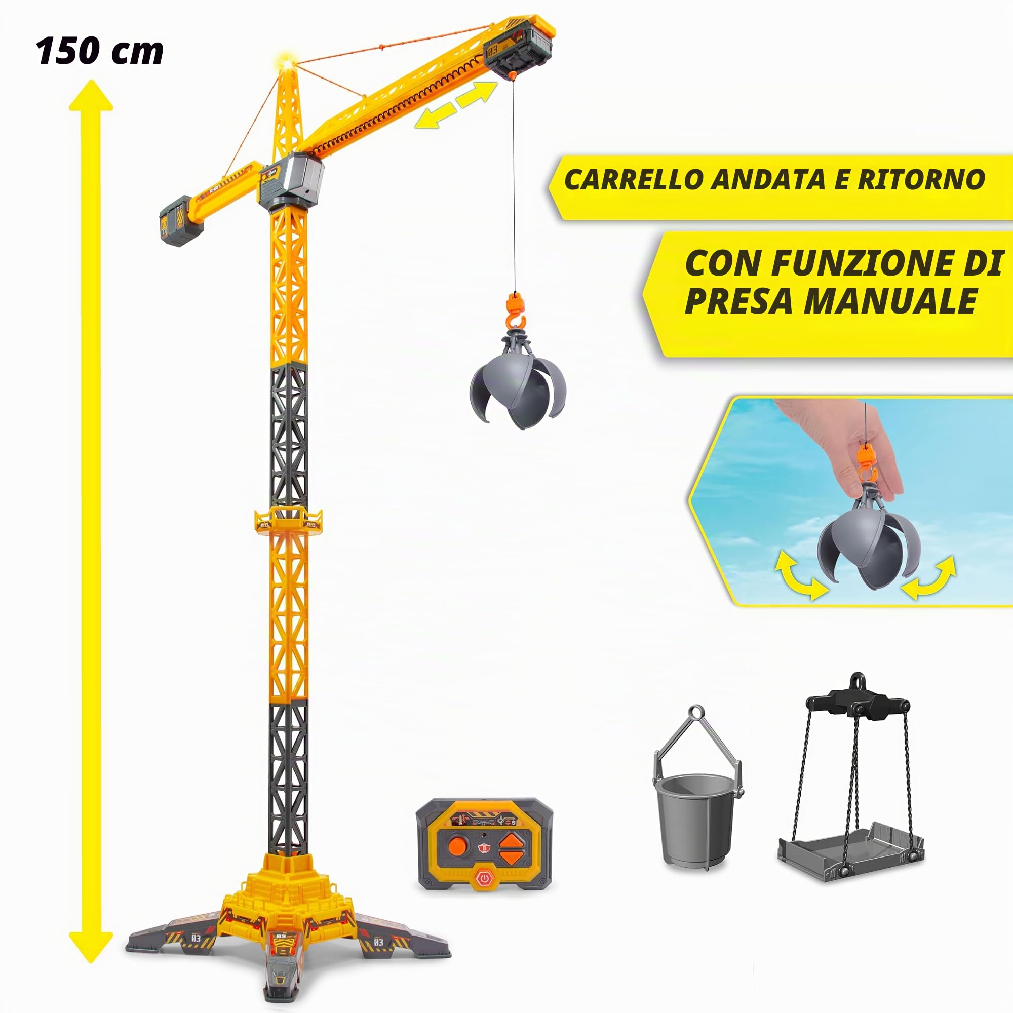 DICKIE 203729025 Gru Titan Radio Control 150 cm, ruota di 360°, su e giù con luce e USB, include accessori, giocattolo da costruzione, dai 3 anni in su