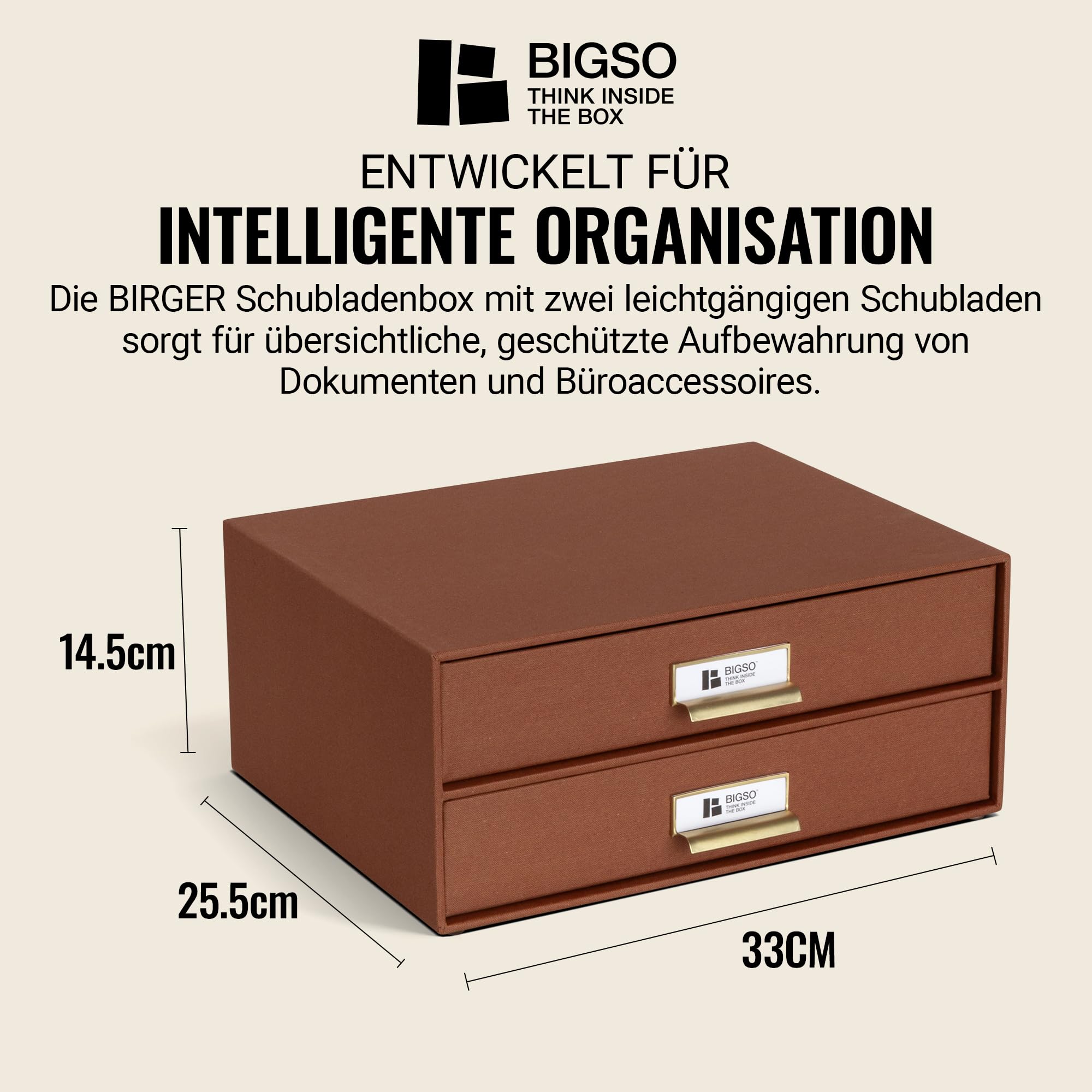 BIGSO BIRGER Schubladenbox – Aufbewahrungsbox mit 2 Schubladen – Schreibtisch Ablage für Dokumente & Bürobedarf – Ablagesystem aus recycelter Faserplatte und Papier – rosa