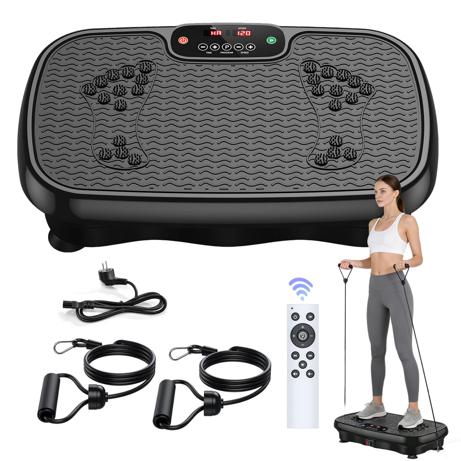Plateforme Vibrante Perte de Poids, Plaque vibrante Fitness avec 120 Niveaux d’Intensité et 5 Programmes, avec Bandes de Résistance et Télécommande, Écran LED, Plateformes Vibrantes et Oscillantes