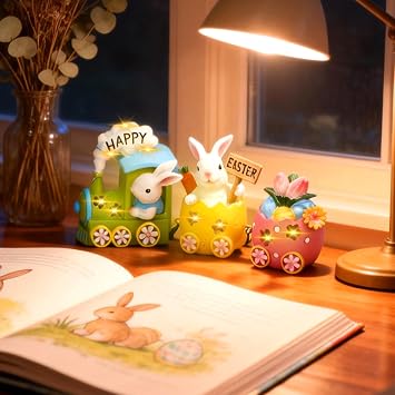 Easter Decorations for Home, Easter Bunny Train Decorations, Easter Bunny Figurines Table Centerpieceb, Home Rabbit Lighted Centerpieces Table, Spring Easter Party Tabletop Decorative Figurines