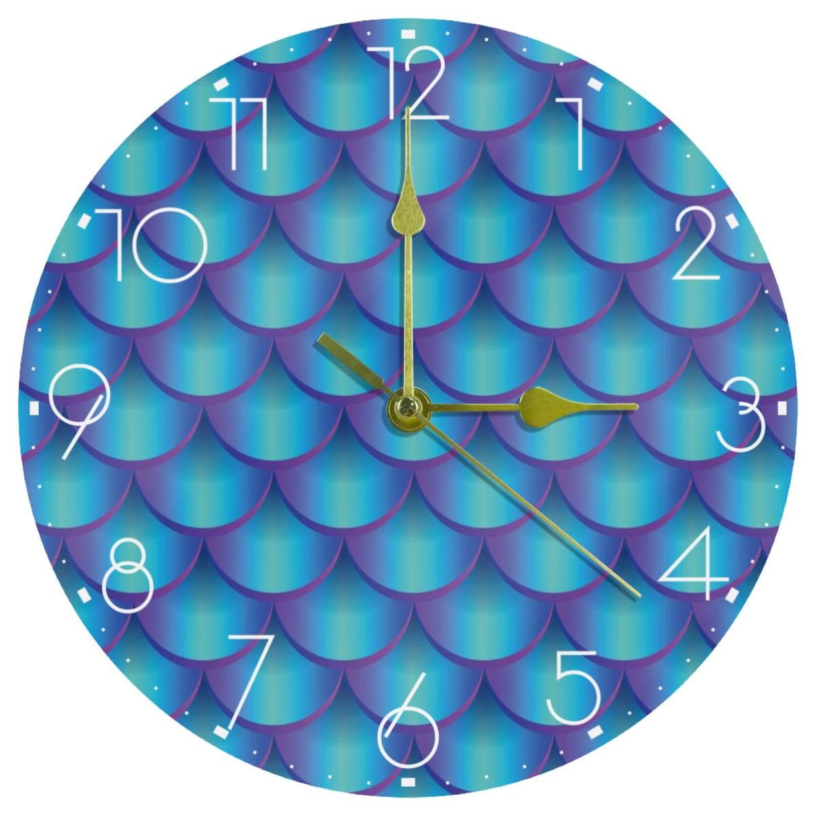 Horloge murale silencieuse à piles avec motif écaille sirène violette et bleue 25 cm