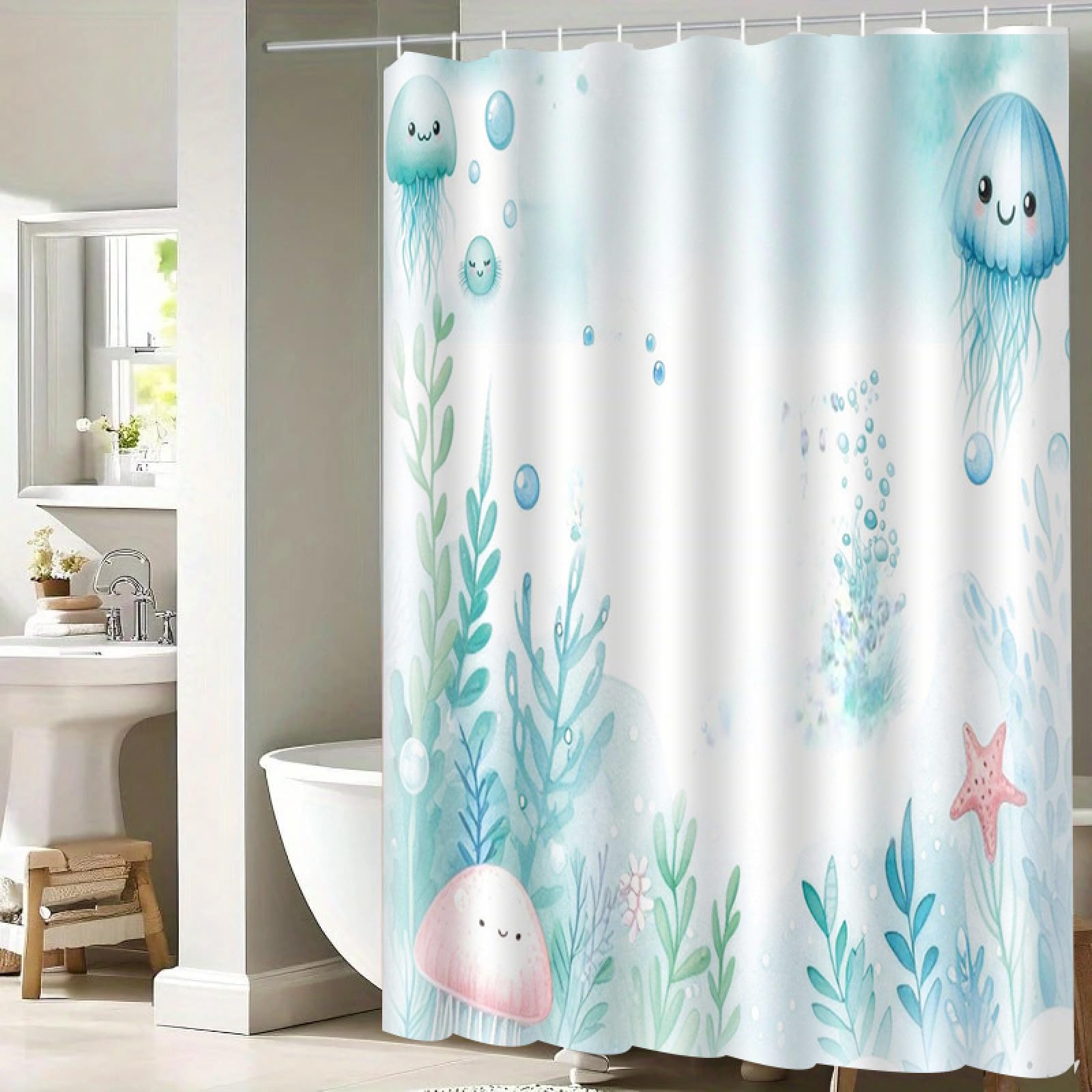 Rideau de douche en polyester motif océan pour décoration de salle de bain