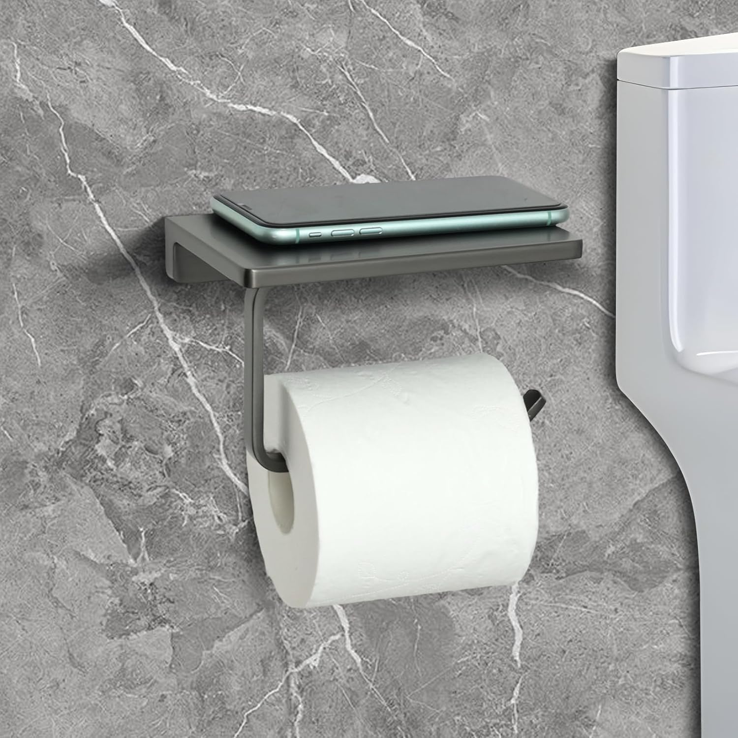 Toilet Paper Holder Wall Mount with Shelf, Bathroom Tissue Holder with Phone Storage, Rustproof Metal Roll Dispenser (Grey-Zinc AAlloy)