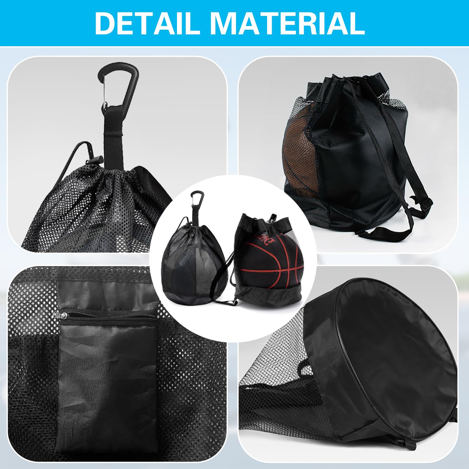 2 Pièces Sacs à Balles, Sacs Basketball, Sac à Ballon en Maille Oxford, Sac Ballon de Basket, Filet Pliable avec Poche Zippée et Mousqueton pour Basketball, Football, Volley (Adolescents & Adultes)