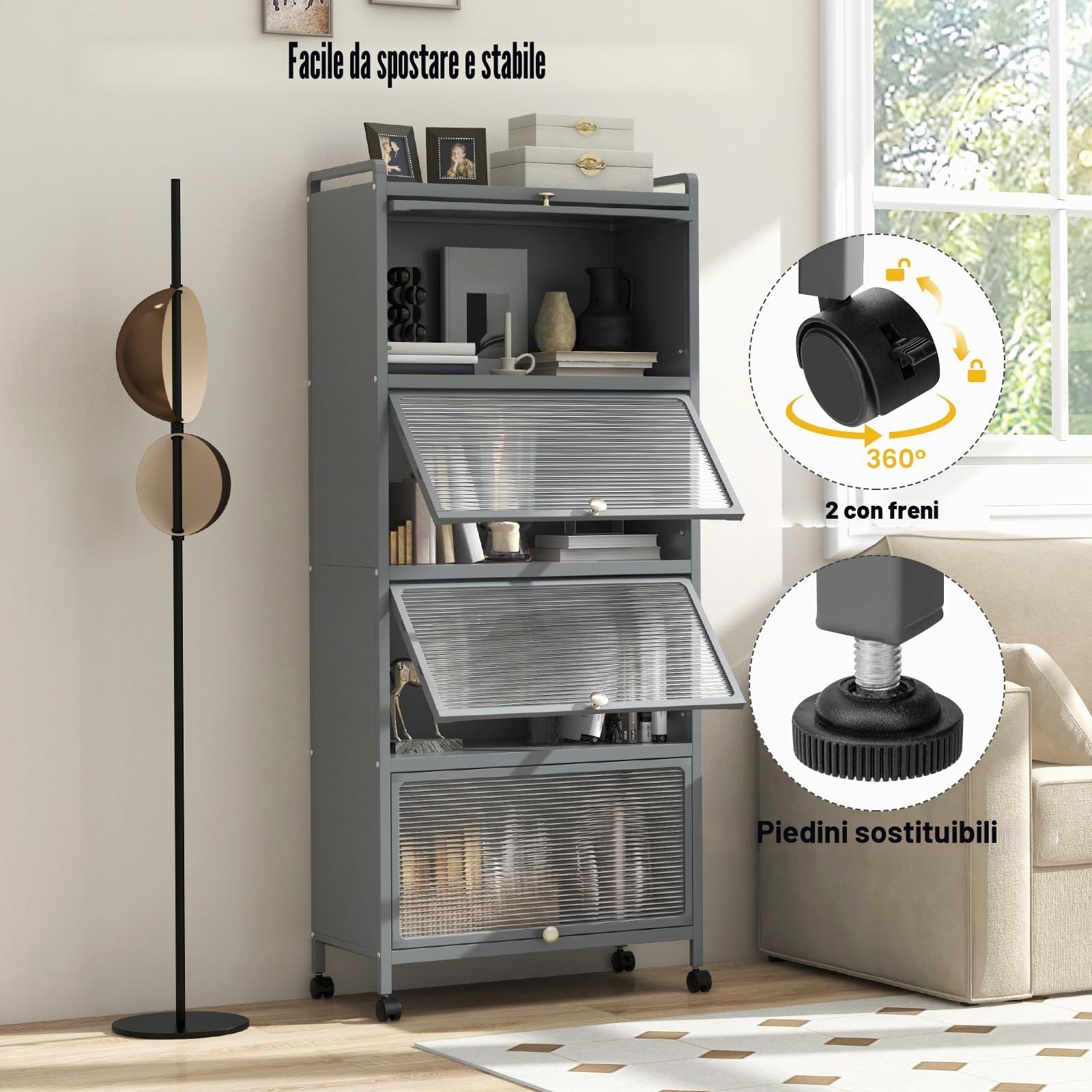 KOMFOTTEU Mobile Dispensa Cucina a 5 Livelli, Mensola Microonde con Anta a Vista, Ruote, Dispositivo Antiribaltamento, Scaffale da Cucina in Ferro per Soggiorno, Sala da Pranzo, 60x32x154cm (Grigio)