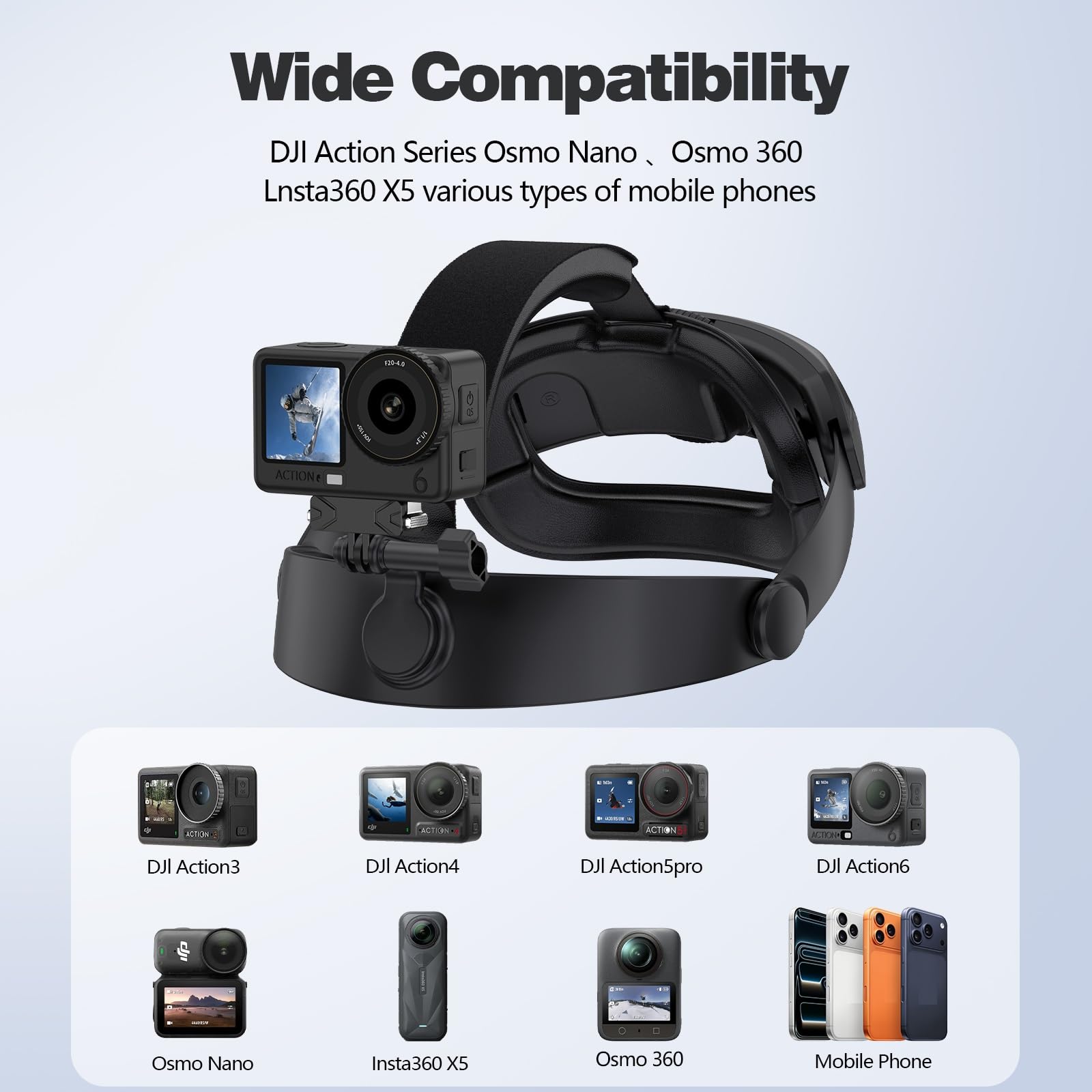 FTRONGRT Uchwyt na głowę kompatybilny z DJI Osmo Action 3/4/5 Pro/6/360/Nano, Insta360 X5 i smartfonem, obracany o 360° zagłówek POV do jazdy na rowerze, biegania, vlogingu