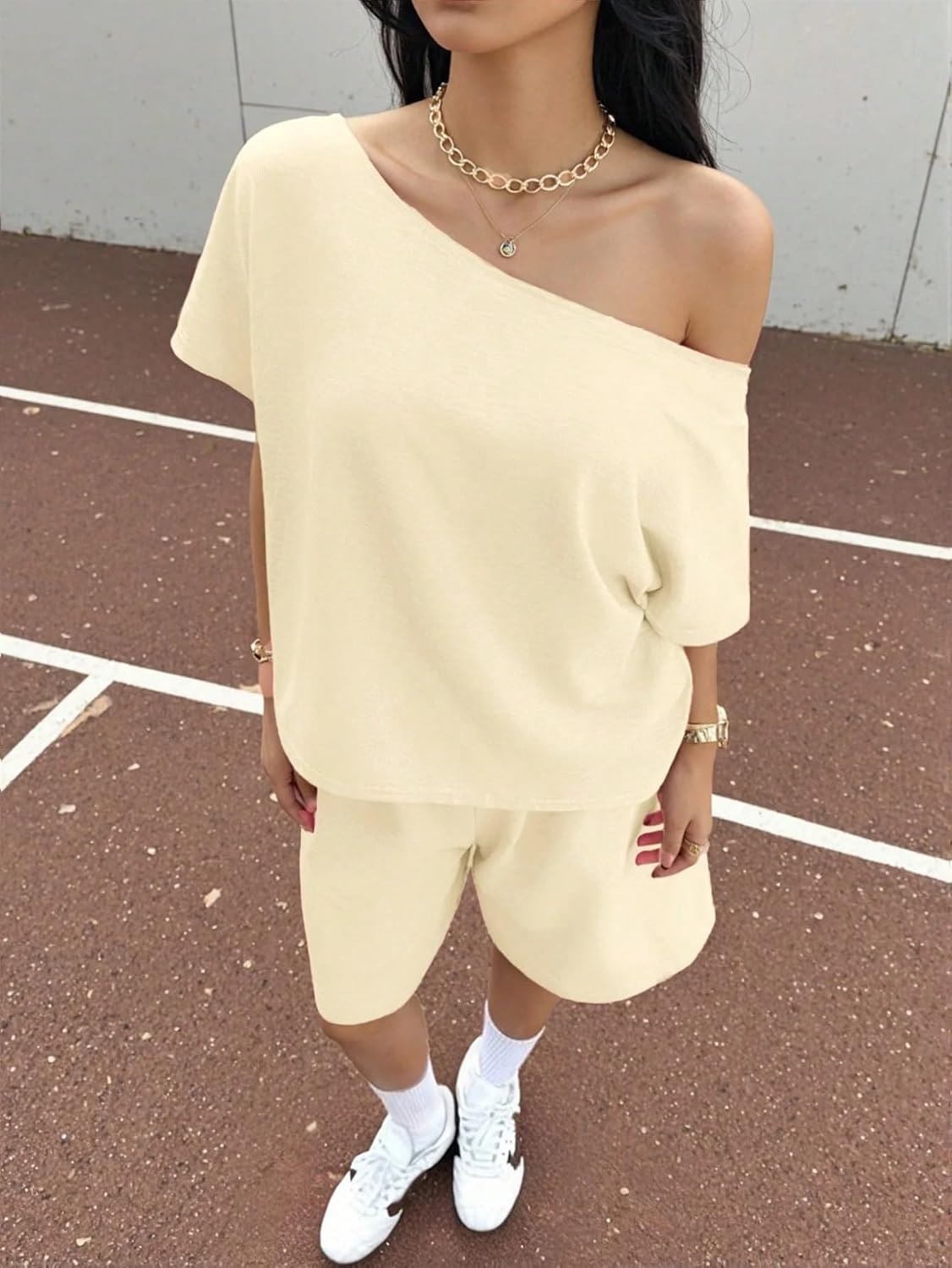 Women's Asymmetrical Neck Knit Sweatshirt And Shorts Set Casual Summer Two Piece Outfit