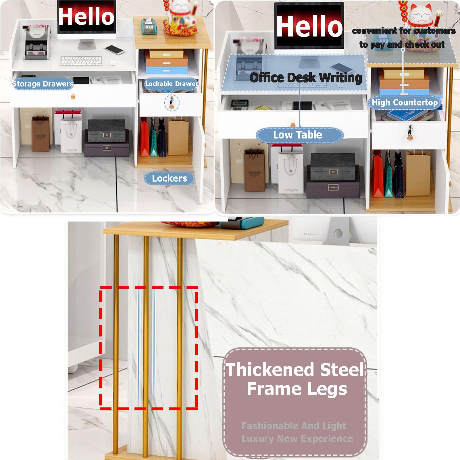 Comptoir de magasin avec tiroirs, bureau de réception pour entreprises et restaurants, noir et blanc, dimensions : 100 x 40 x 90 cm, station de paiement polyvalente pour vente au détail et hôtellerie
