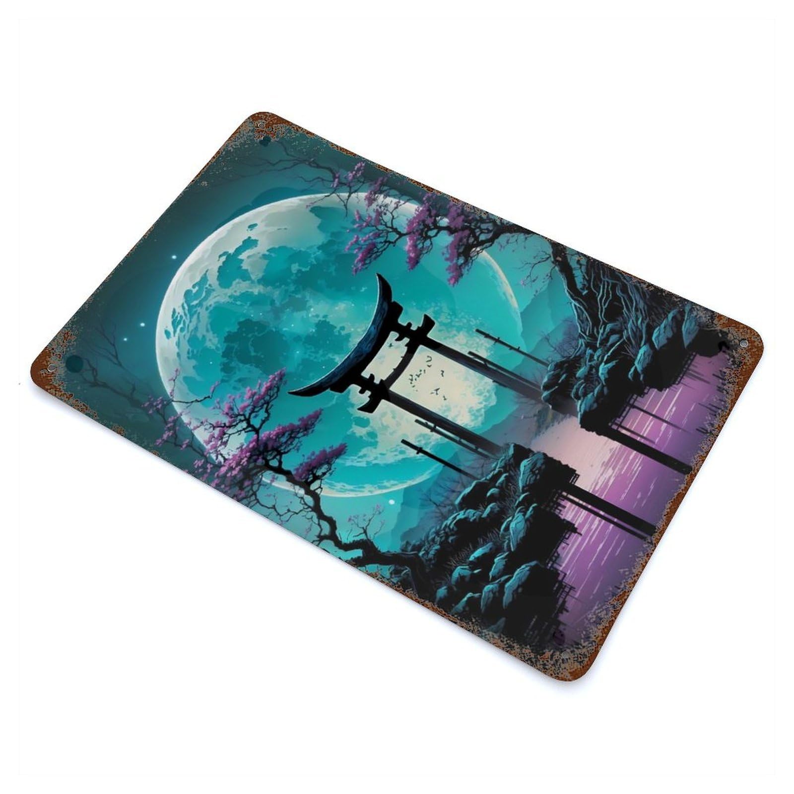 Rust Effect Torri Gate Mystic Moonrise Weathered Tin Sign 11.8"x7.9", Shabby Chic Decor for Cafe, Home Bar And Lounge Decor