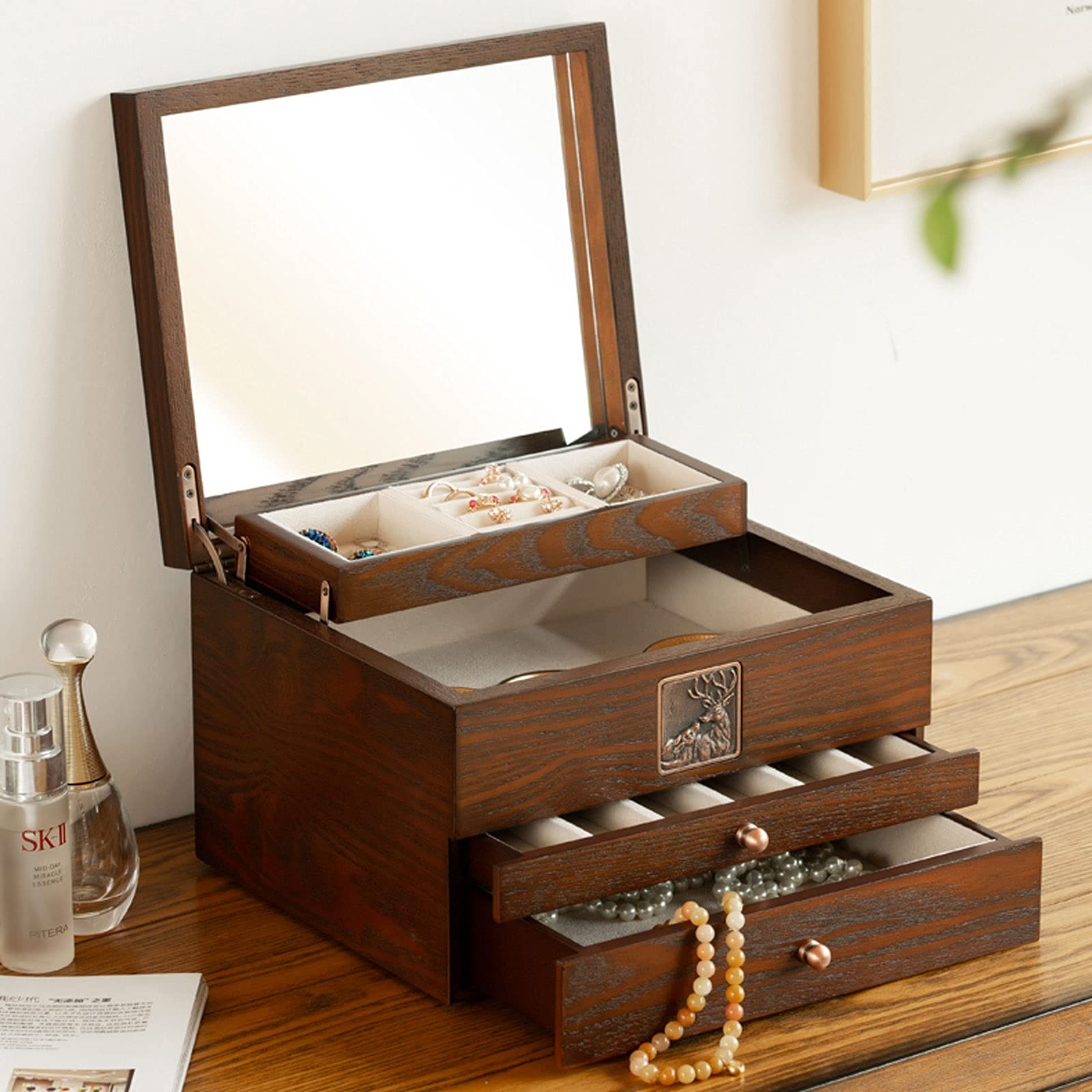 Joyero de viaje Caja de joyería de madera de lujo Collar de terciopelo de madera Anillo Pendiente Reloj Organizador Caja de almacenamiento de joyería Ataúd Organizador de joyería Caja de almacenamient