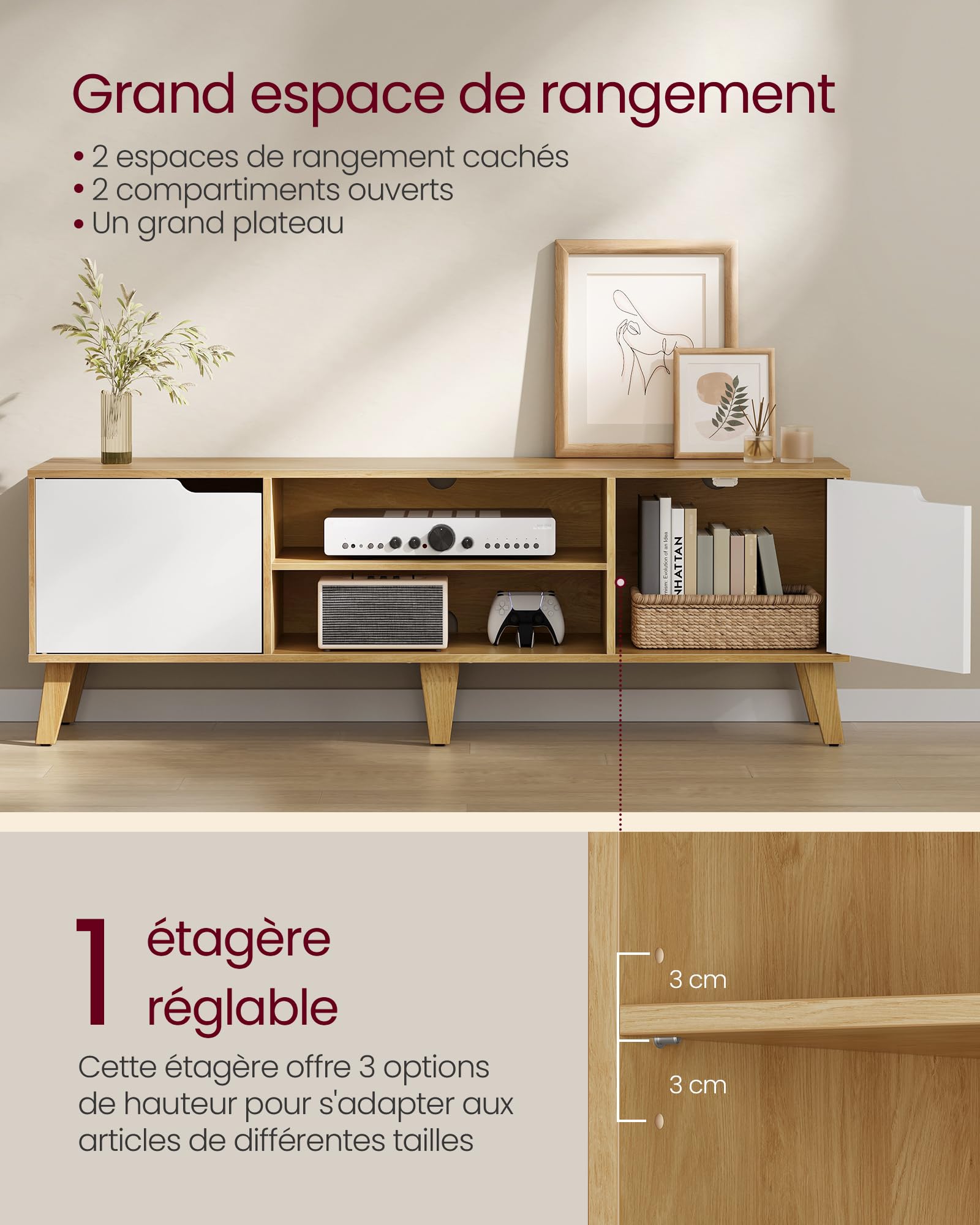 VASAGLE Meuble TV, pour Télévision jusqu'à 65 Pouces, Longueur 147 cm