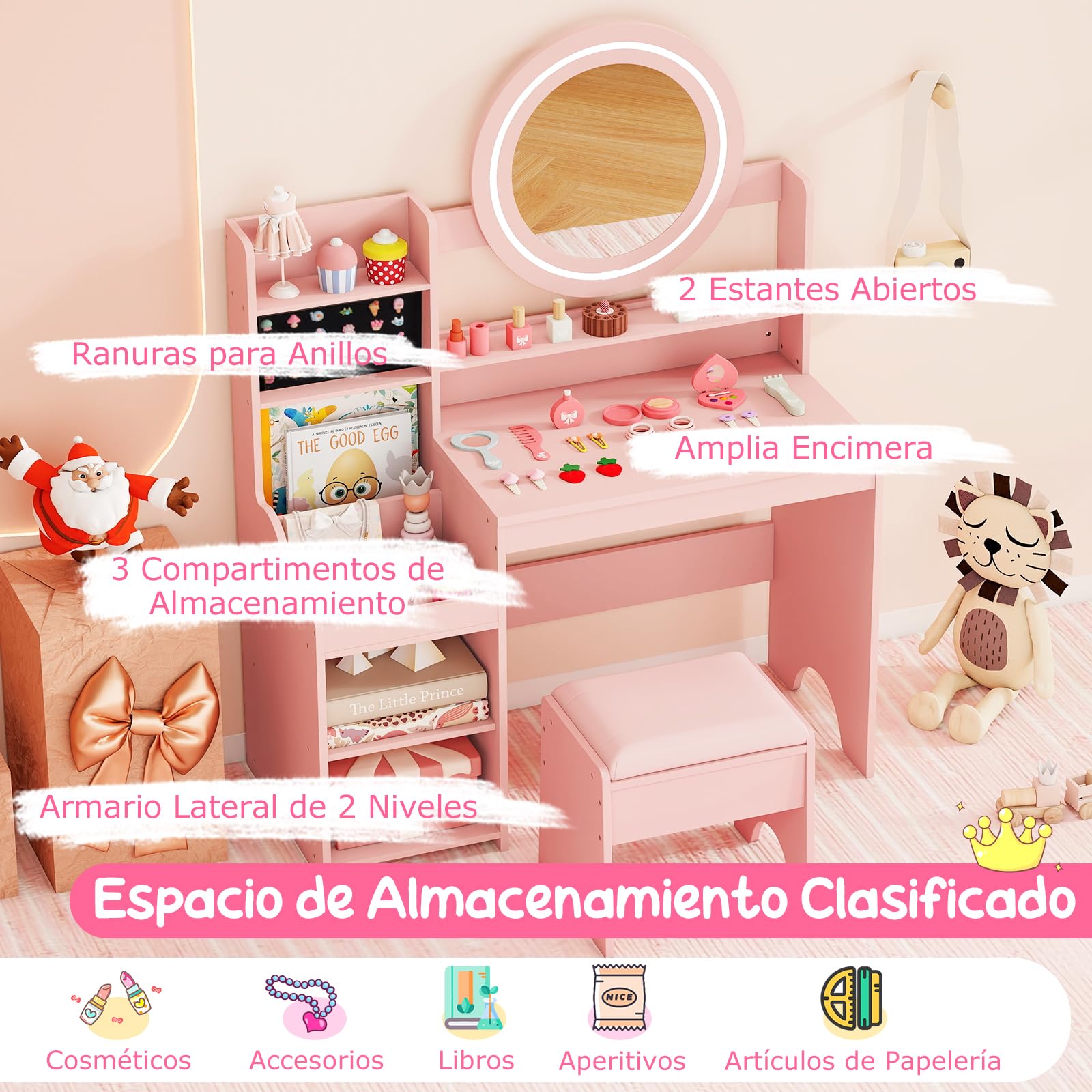 COSTWAY Tocador Niña con Espejo y Luces, Tocador de Maquillaje de Princesa con Estantes Abiertos, Ranuras para Anillos y Taburete Tapizado, Mesa de Maquillaje para Niñas (Rosa)