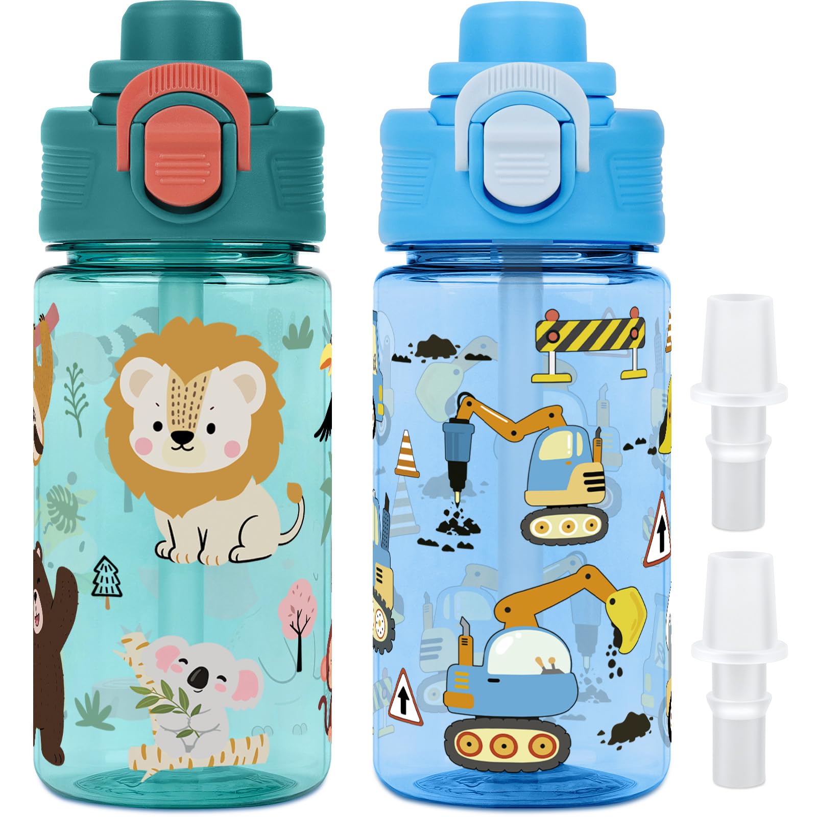 Kids Water Bottles with Straw, 2 Pcs 380ml Boys Girls Leakproof Water Bottle with Bite-to-Sip Spout, Secure Lock and Carry Handle, Bpa-Free for Kids Nursery Sports School - Excavators & Jungle Animals