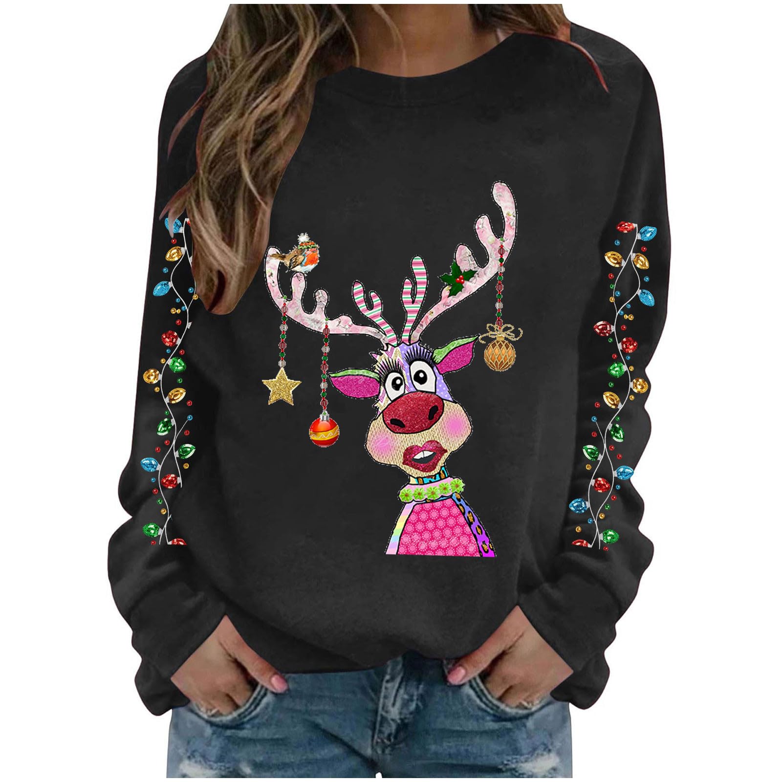 Weihnachtssweatshirt Damen Lustig Hässlicher Weihnachtspullover Langarm | Rentiermotiv, Weihnachtssweatshirt Damen, Festlich, Lustig, Langarm, Rundhals, Pullover, Winterlich, Freizeit, Bequem