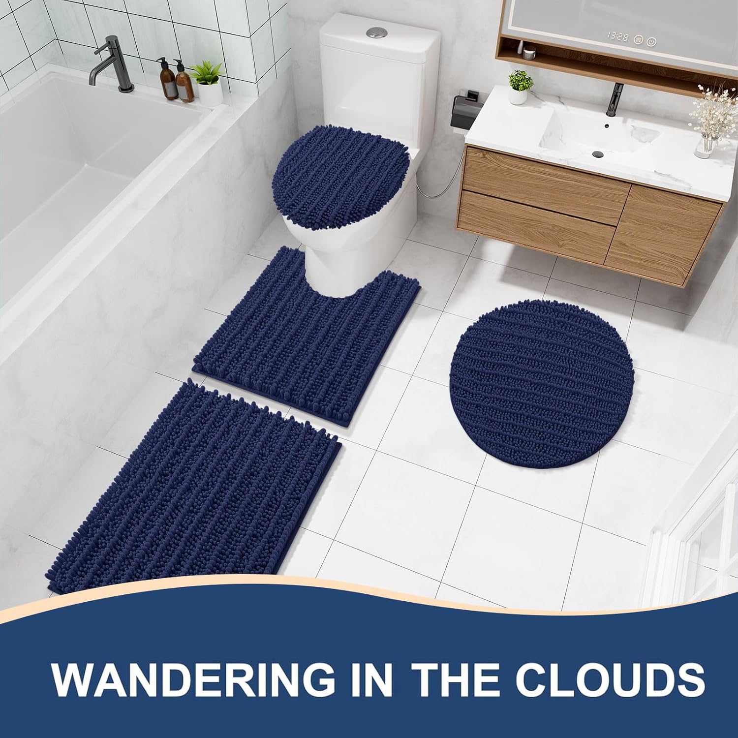 Arotive Luxury Chenille Toilet Rugs U-Shaped, Extra Soft Thick Absorbent Bathroom Mat, Non-Slip Shaggy Plush Contour Rugs, Machine Wash Dry Bath Mat for Toilet Base, 24x20, Navy - Image 8