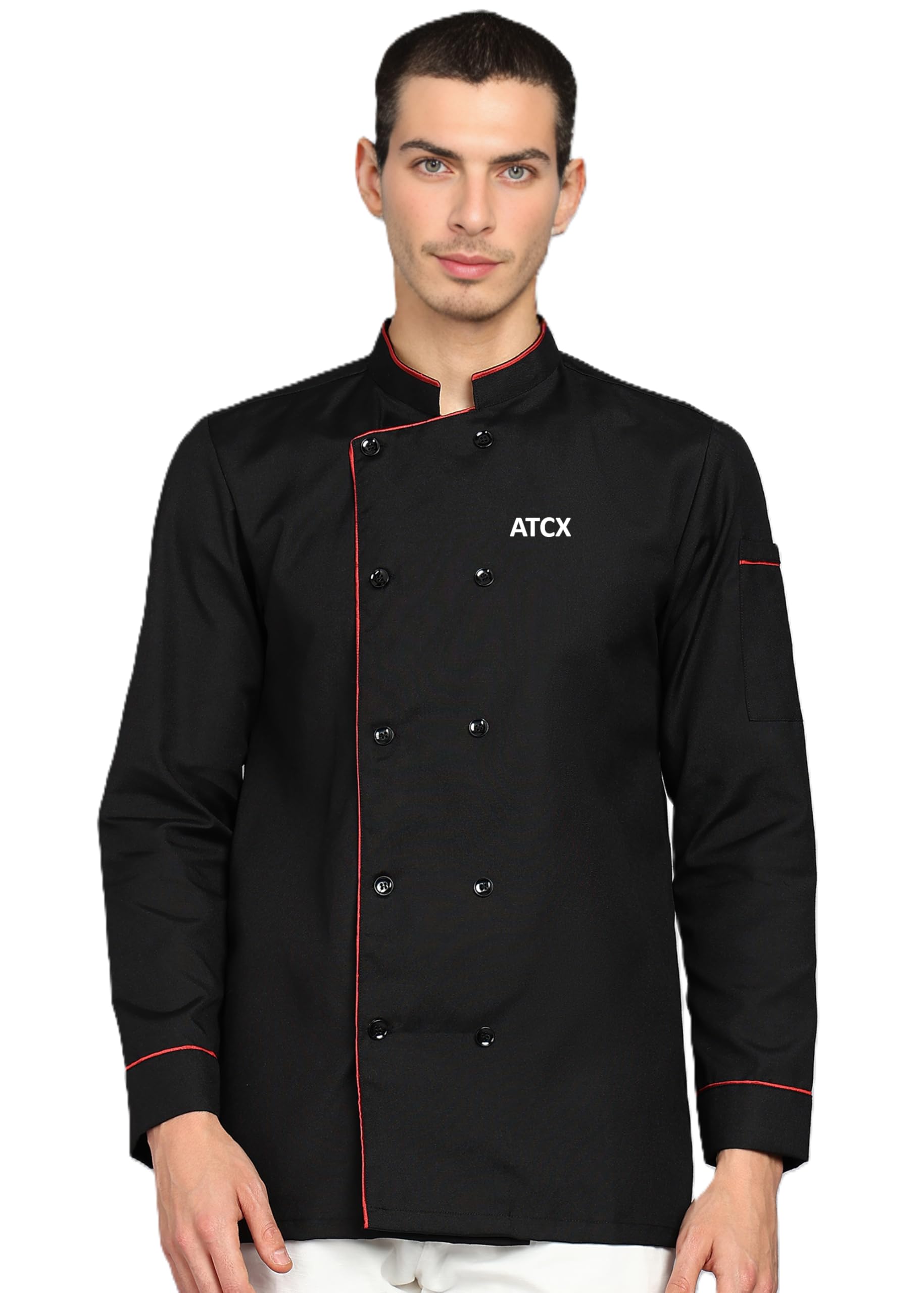Double-Breasted Chef Coat - Traditional Black with Red Piping - X-Large
