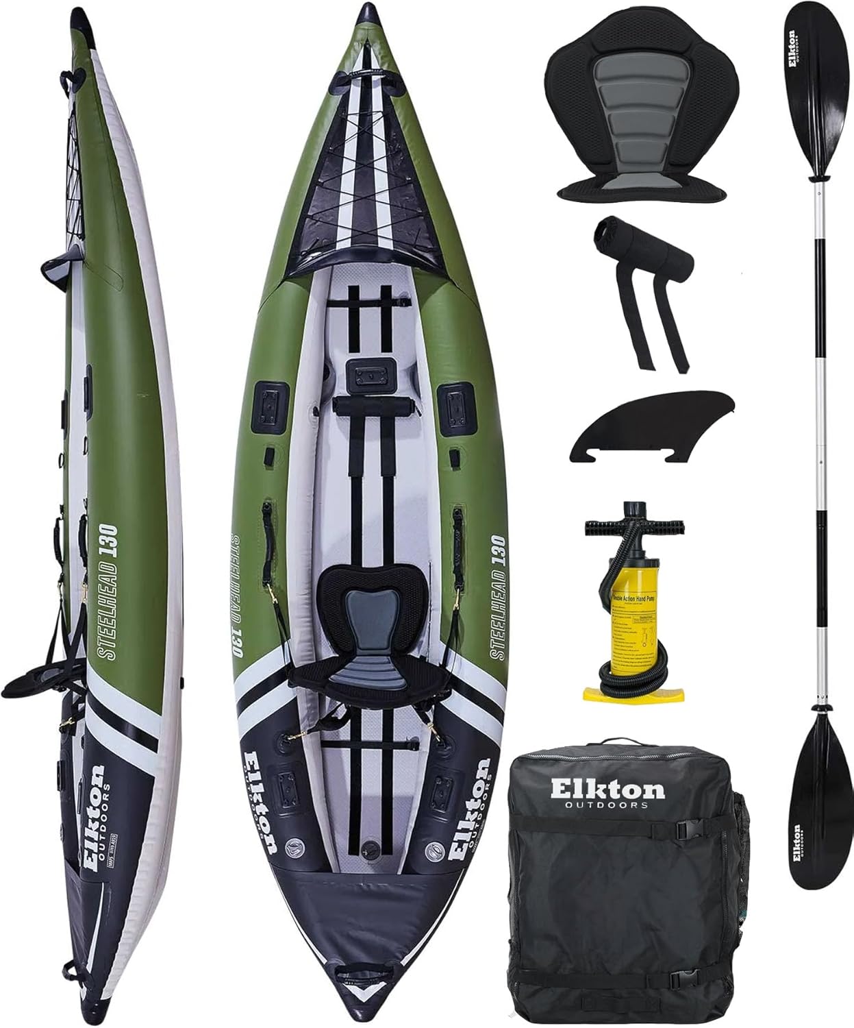Elkton Outdoors Steelhead Inflatable Fishing Kayak – Angler Blow Up Kayak, includes Paddle, Seat, Hard Mounting Points, Bungee Storage, Rigid Dropstitch Floor and Spray Guard Elkton Outdoors Steelhead Inflatable Fishing Kayak – Angler Blow Up Kayak, includes Paddle, Seat, Hard Mounting Points, Bungee Storage, Rigid Dropstitch Floor and Spray Guard