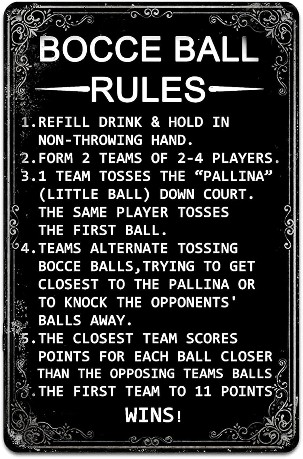 SMAZDFXX Bocce Ball Rules Tin Sign Metal Signs Scoring Rules Men Poster Home Cafe Garage Man Cave Bar Rustic Wall Decor 5.5"x8"