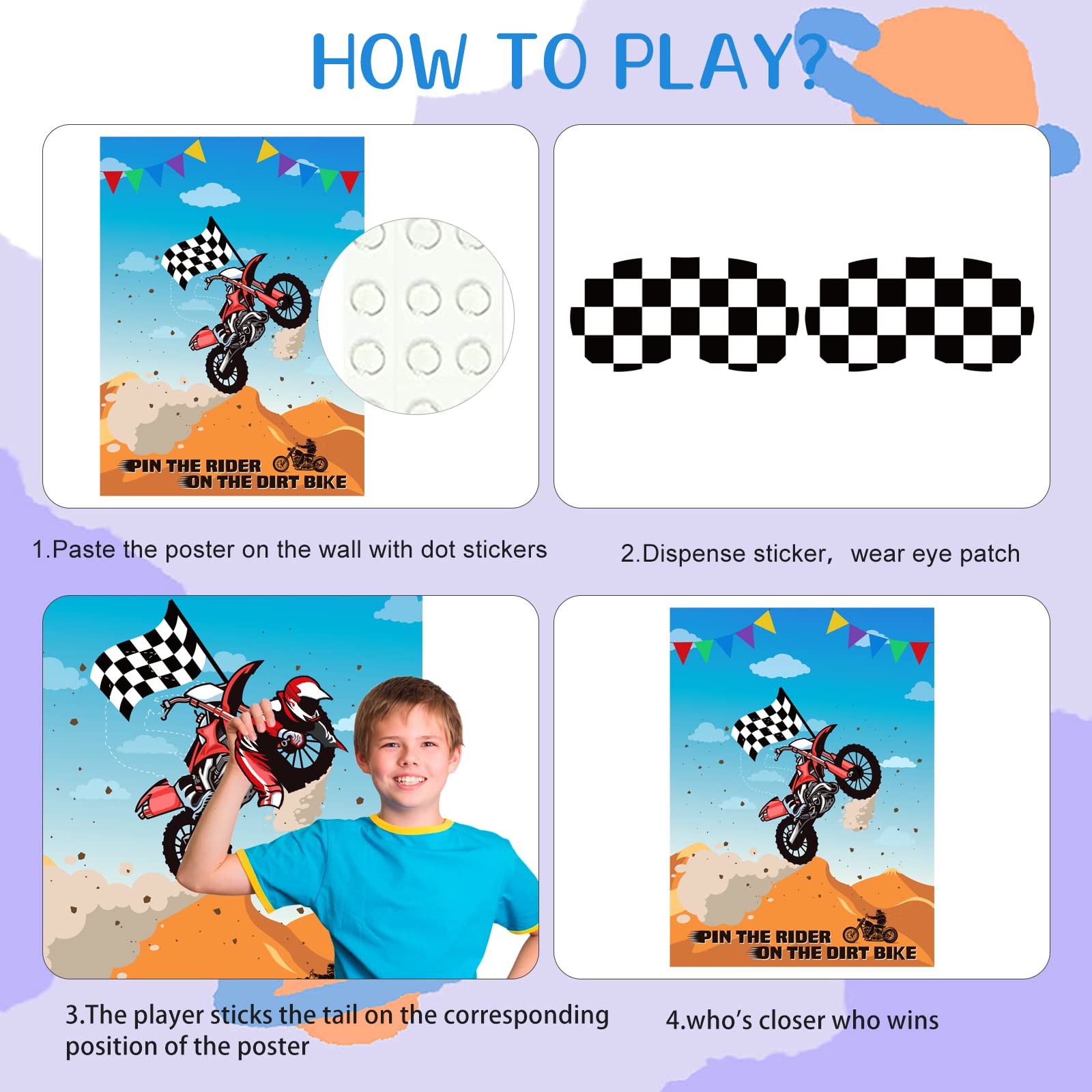 ASTARON Pin The Tail Games Pin The Rider on The Motocross Party Game con 30 adesivi per driver per Dirt Bike Forniture per feste a tema, feste per ragazzi e ragazze, sfondo per baby shower, regali di