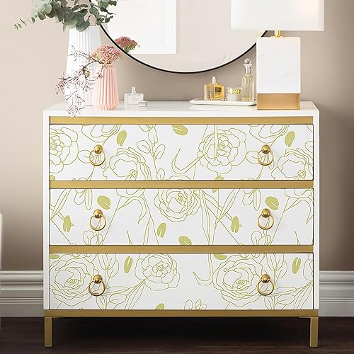 Miniatura 5 de WENMER Papel tapiz de contacto floral para despegar y pegar de 17.3 x 118 pulgadas, papel de contacto floral verdedorado y blanco, moderno, bohemio,