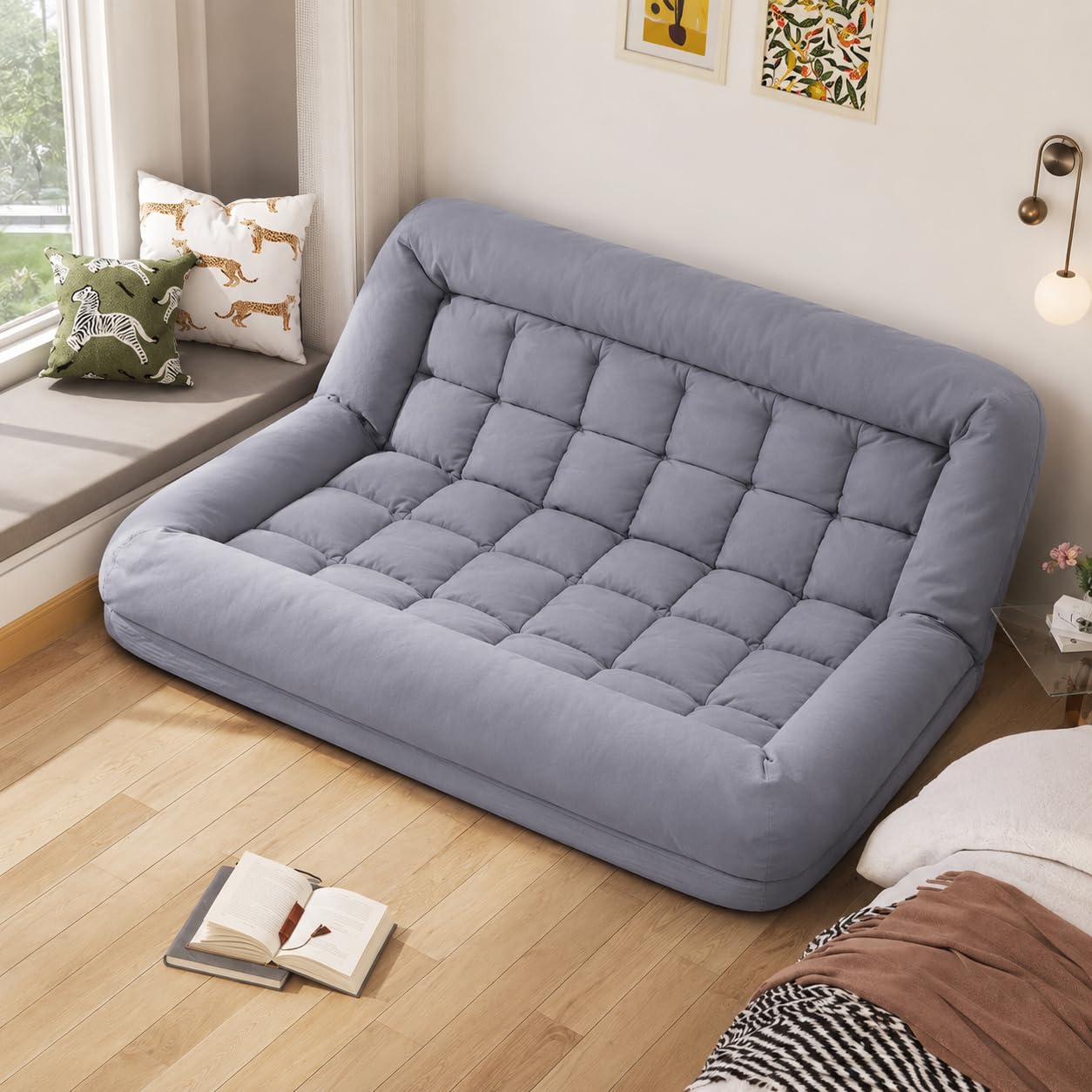 Bodensofa Schlafsofa, Textil Couch mit Schlaffunktion 180x130cm, 5-Fach verstellbar, inklusive 2 großer Kissen, Grau