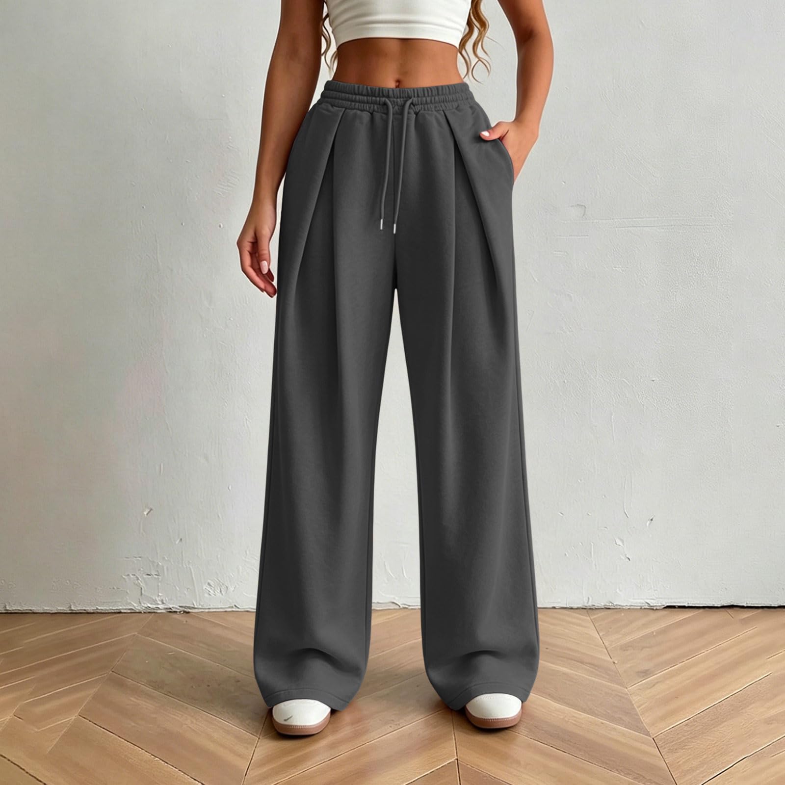 Generico Pantaloni da Jogging Donna Pantaloni Lunghi a Vita Alta Pantlone Cotone con Coulisse Regolabile Leggeri e Comodi Pantalone da Corsa con Tasche Plissettato Pants Baggy per Yoga e Fitness