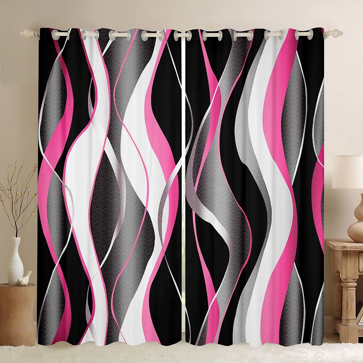 Feelyou Pink Grey and Black Window Curtains Retro Geometric Stripe Line Art Blackout Curtains Geometric Spiral Darkening Dreapes Abstract Art Window Treatments Modern Luxury (2 Panels, 42 x 63 Inch)