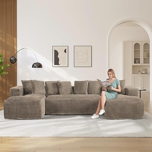 131" Oversized U Shaped Cloud Sectional Couches for Living Room, Comfy Fluffy Corduroy Brown Boneless Sectionals Couch, Plush Memory Foam Modular Sectional Sofa with Double Chaise- 20" High Seat