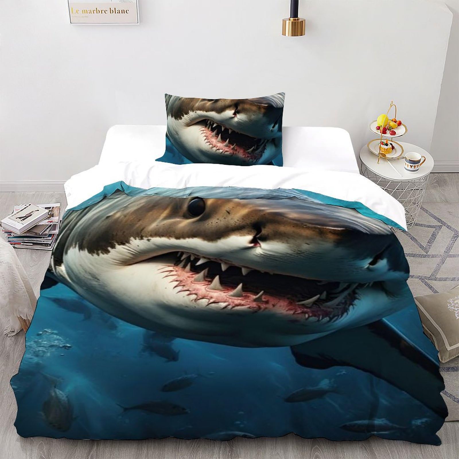 Housse de couette single requin en microfibre 135x200cm avec fermeture éclair pour lit fille