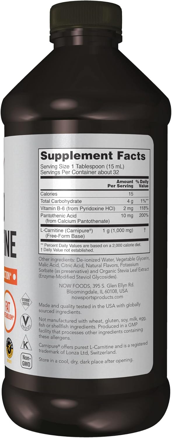 NOW Sports Nutrition, L-Carnitine Liquid 1,000 mg, Highly Absorbable, Tropical Punch, 16-Ounce : Health & Household