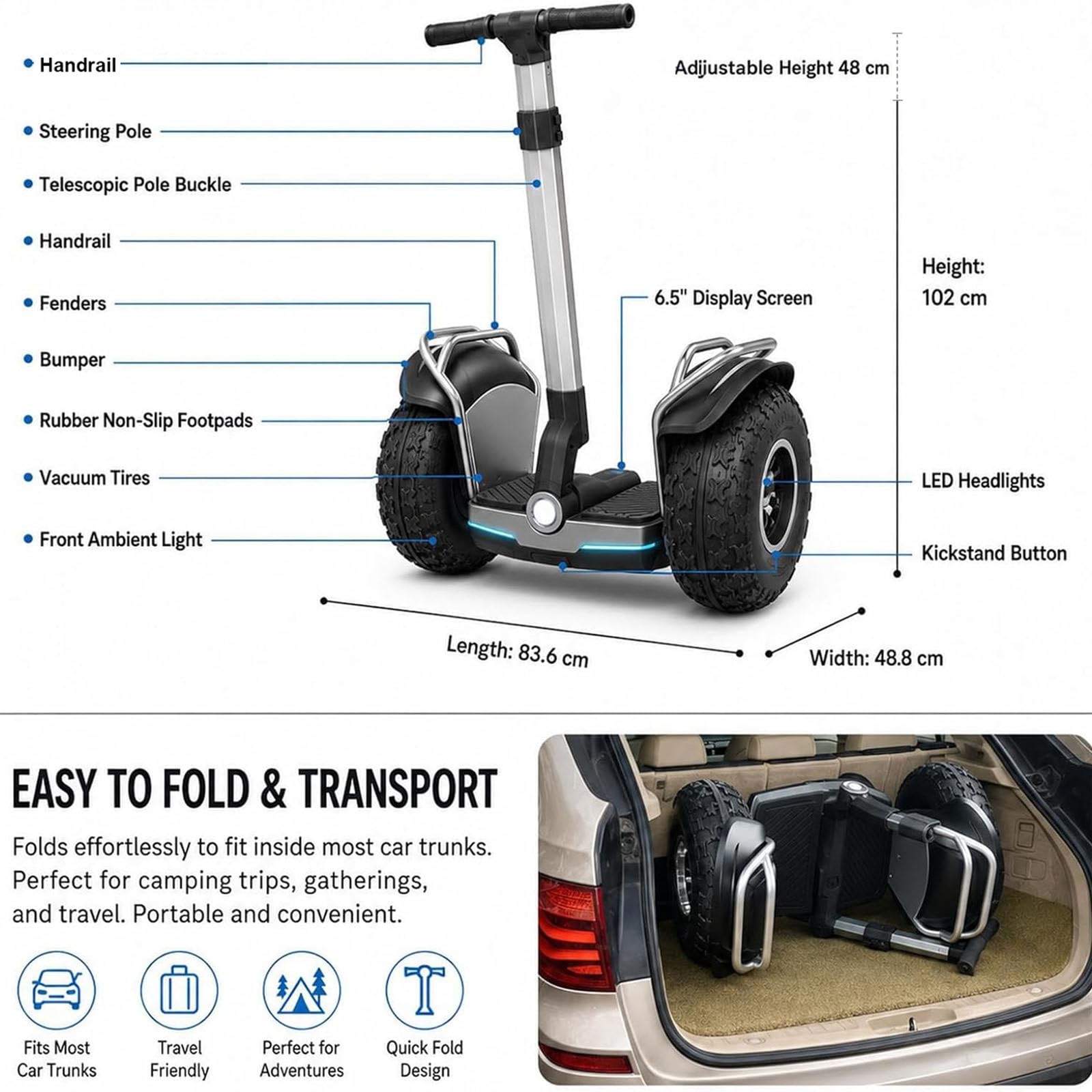 Scooter Auto-Équilibré pour Adultes, Véhicule Tout-Terrain De 19 Pouces, Autonomie De 45km, Étanche Ip54, Écran OLED, Capacité De Charge De 150kg, avec Lumières LED Et Double Moteur Grey