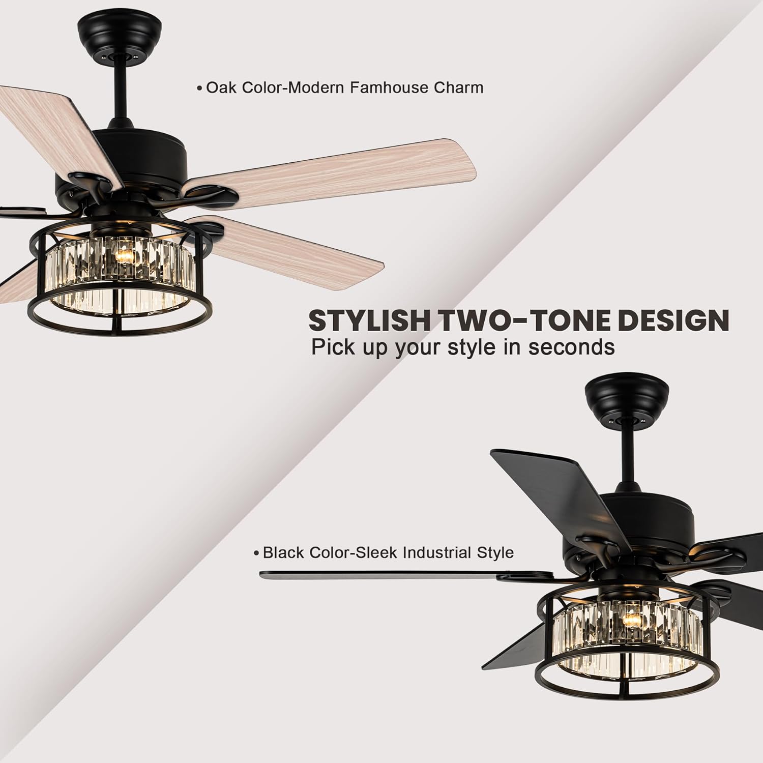 52 Inch Chandelier Ceiling Fans with Lights and Remote Quiet and Reversible DC Motor Black Caged Modern Ceiling Fan for Bedroom Living Room