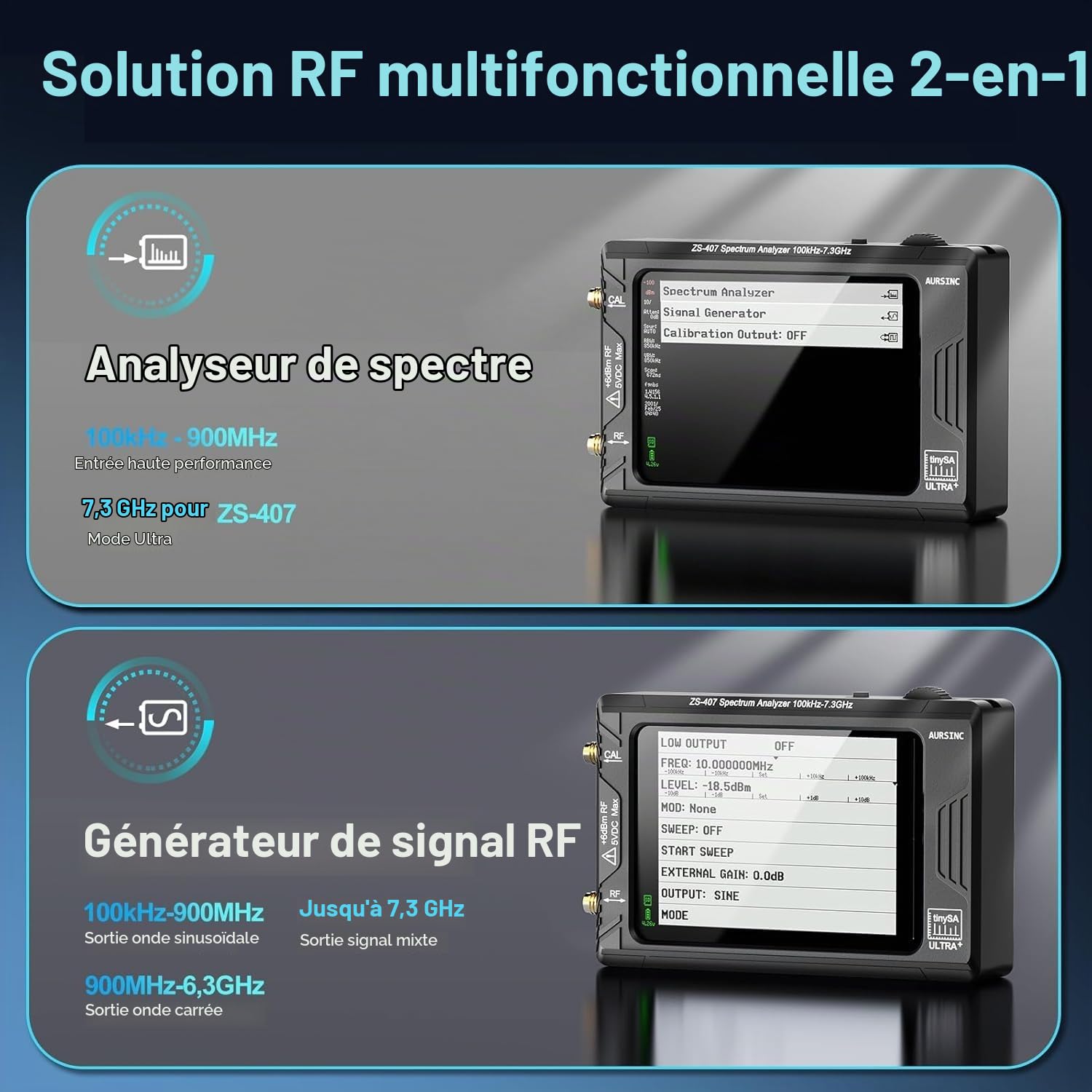 AURSINC Tinysa Ultra+ ZS407 Mesureurs d'ondes Analyseur de spectre portable 2 en 1 générateur de signaux RF 100 kHz à 900 MHz MF/HF/VHF/UHF Entrée HW V0.5.4 4,0"